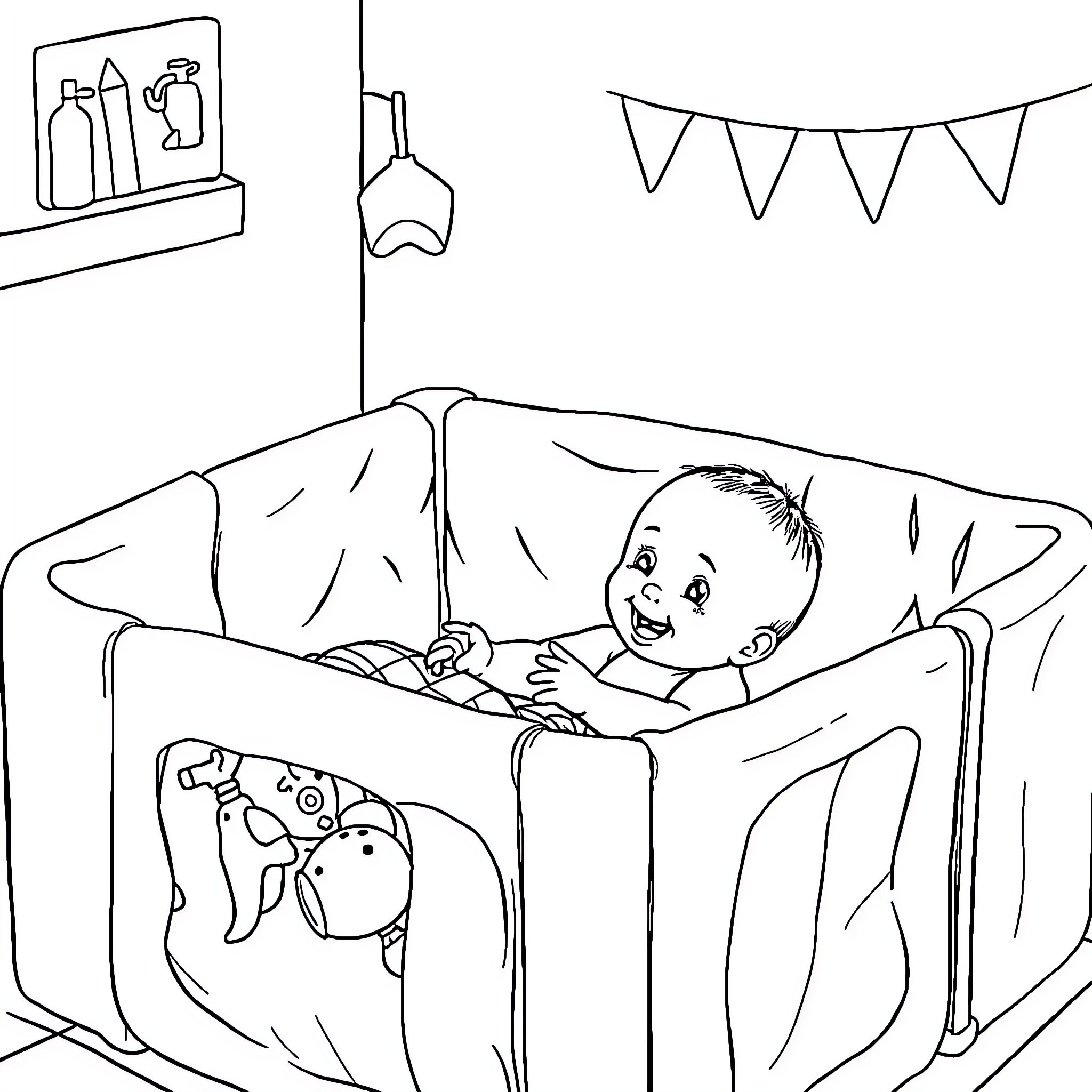 Baby playing happily in crib with toys Coloring Page (free black-and-white line drawing printable PDF for all, from beginners to advanced learners, including children, teens, adults, and seniors)