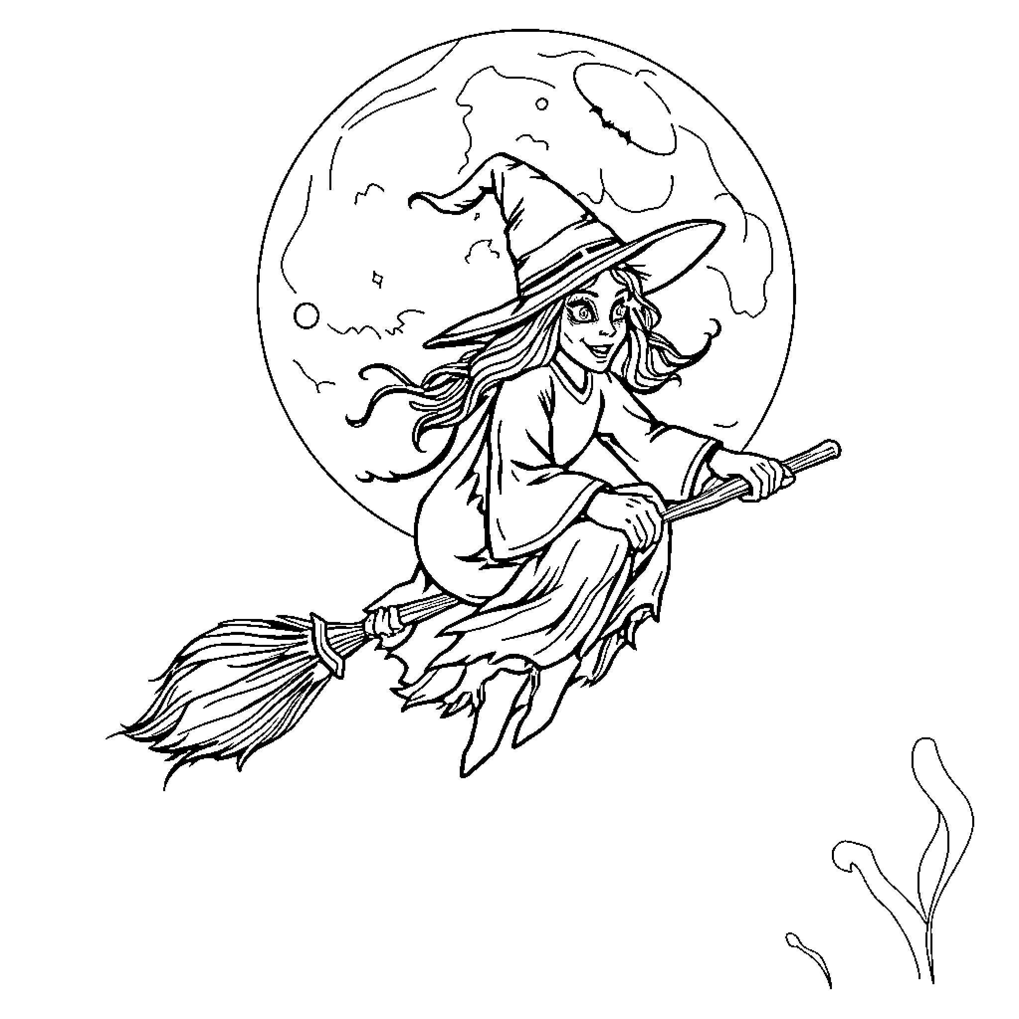 Witch soaring on broomstick under the moonlight Coloring Page (free black-and-white line drawing printable PDF for all, from beginners to advanced learners, including children, teens, adults, and seniors)