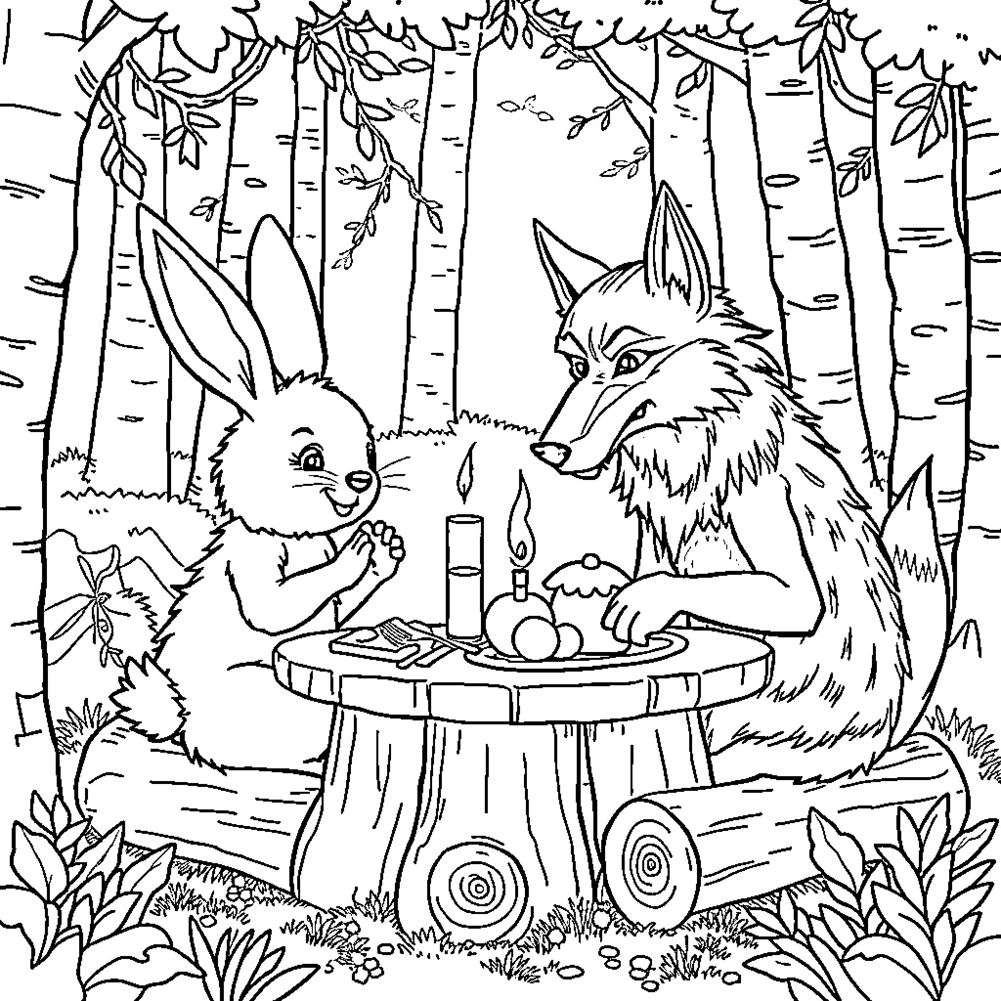 Rabbit and Wolf Sharing a Meal in the Forest Coloring Page (free black-and-white line drawing printable PDF for all, from beginners to advanced learners, including children, teens, adults, and seniors)