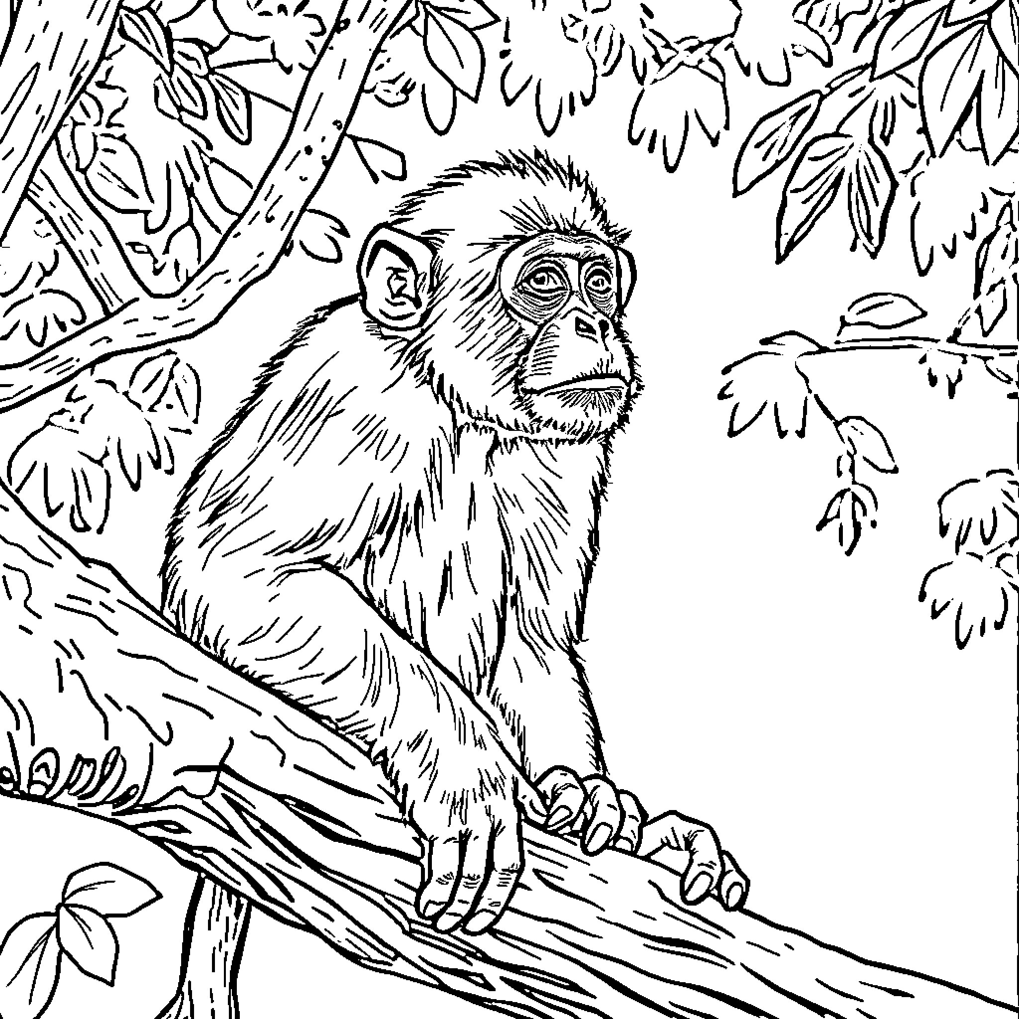 Monkey sitting contemplatively in forest Coloring Page (free black-and-white line drawing printable PDF for all, from beginners to advanced learners, including children, teens, adults, and seniors)