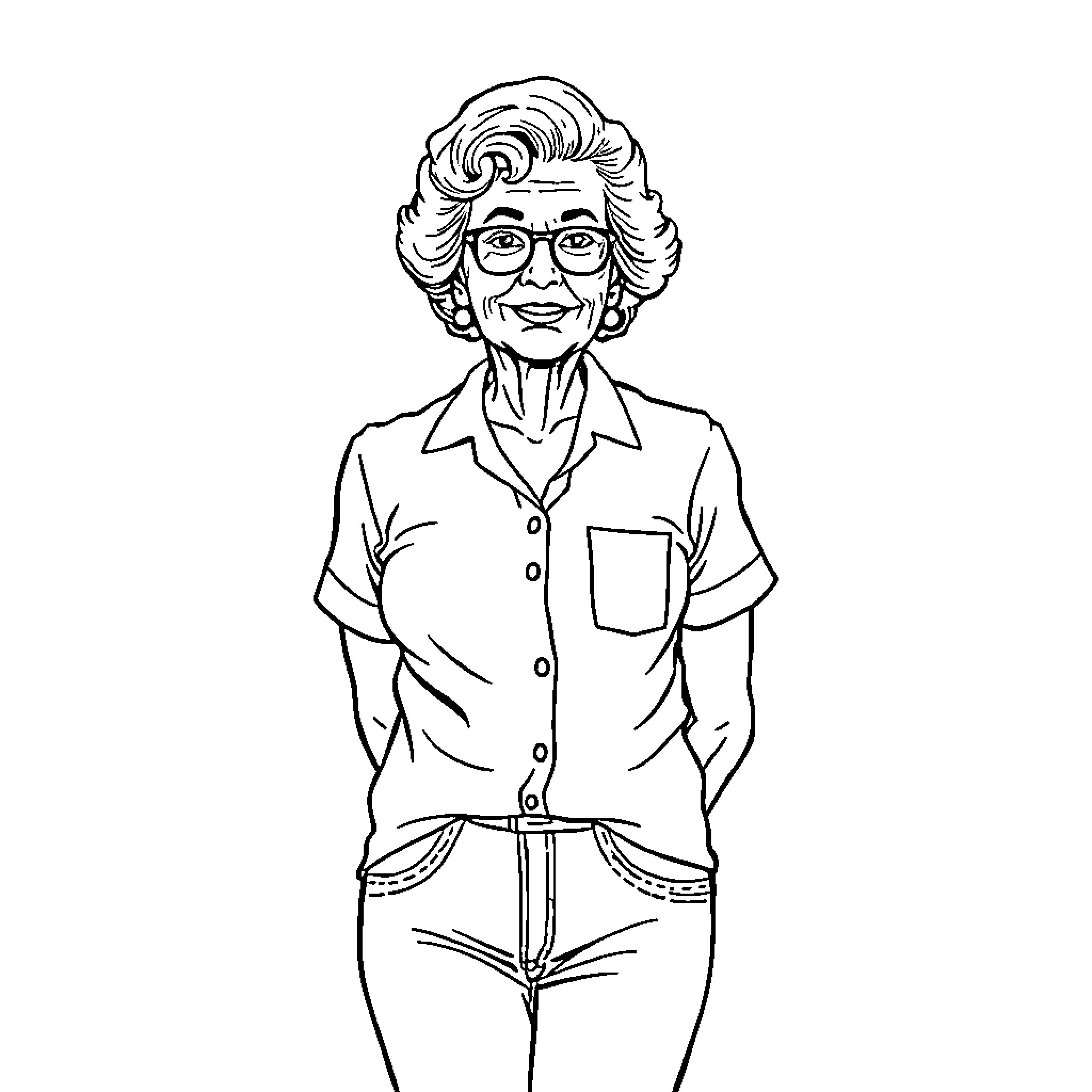 Grandma in casual outfit with glasses Coloring Page (free black-and-white line drawing printable PDF for all, from beginners to advanced learners, including children, teens, adults, and seniors)