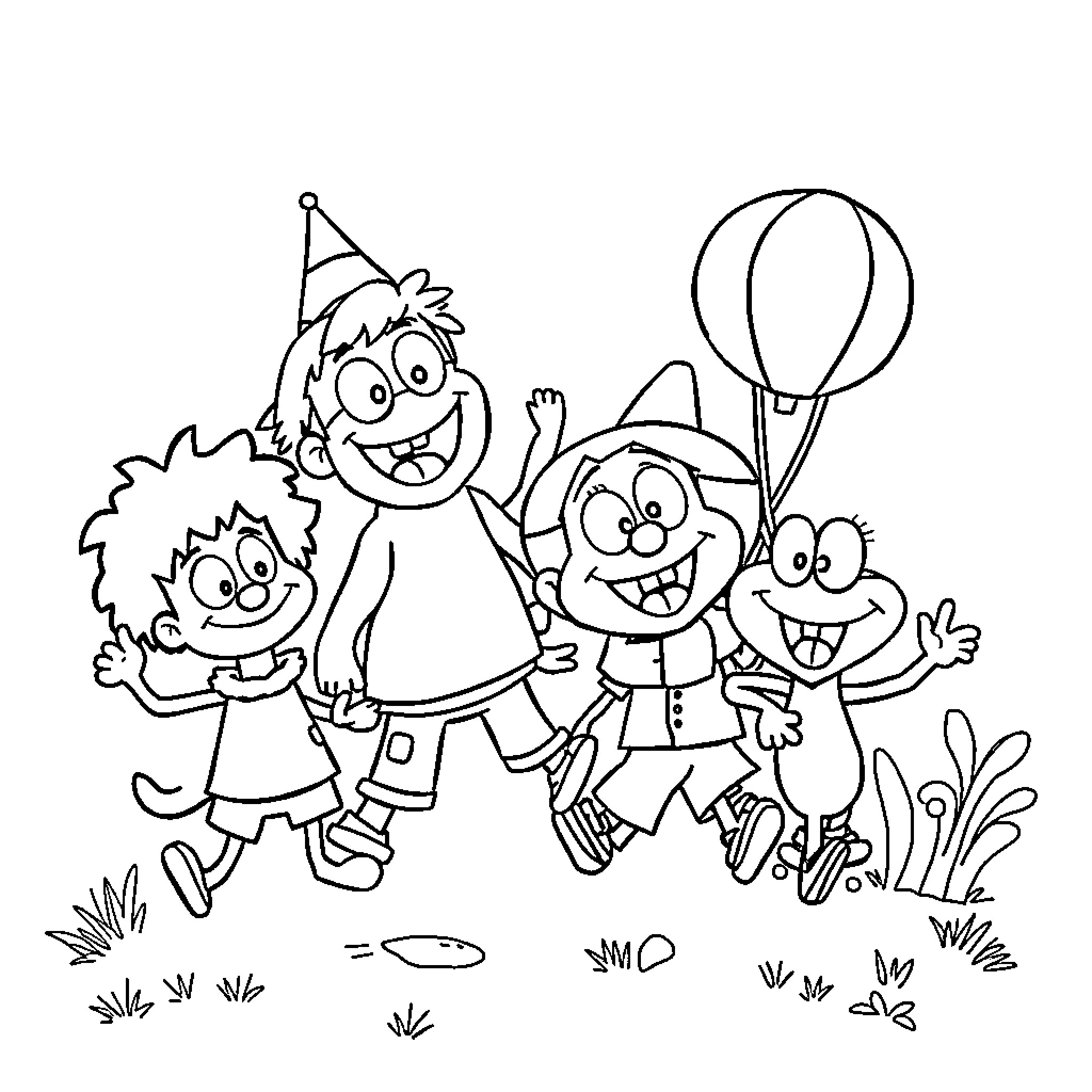 Cartoon children playing happily with balloons Coloring Page (free black-and-white line drawing printable PDF for all, from beginners to advanced learners, including children, teens, adults, and seniors)