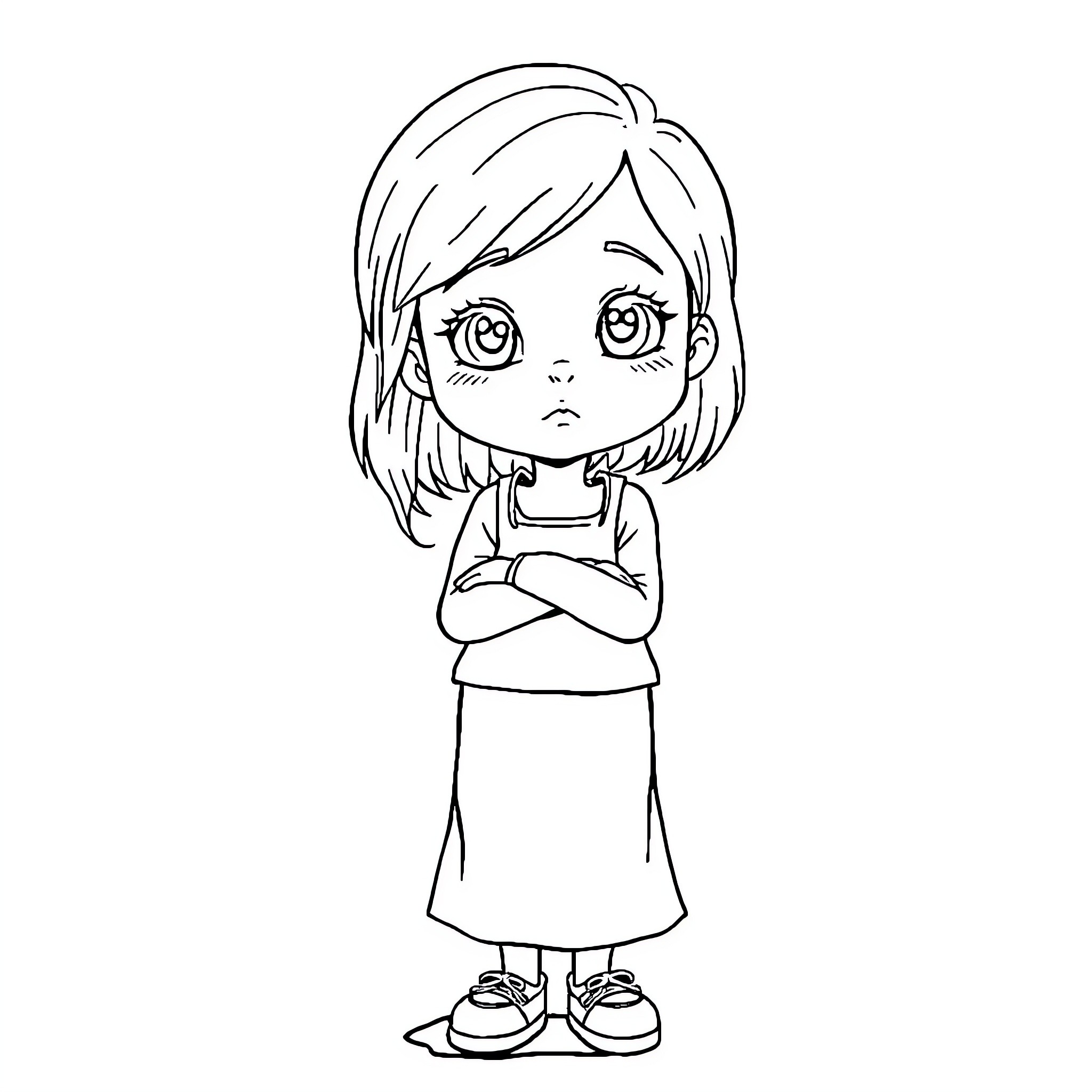 Girl with sad expression and crossed arms Coloring Page (free black-and-white line drawing printable PDF for all, from beginners to advanced learners, including children, teens, adults, and seniors)