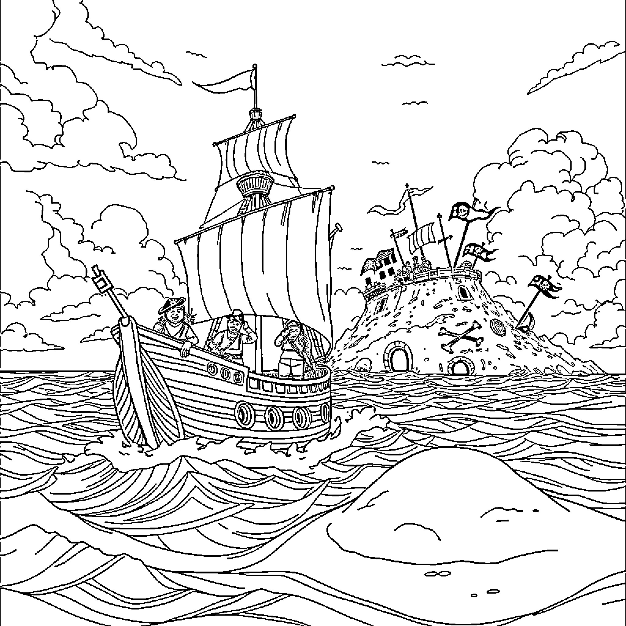 Pirate Ships Sailing on Stormy Seas Coloring Page (free black-and-white line drawing printable PDF for all, from beginners to advanced learners, including children, teens, adults, and seniors)