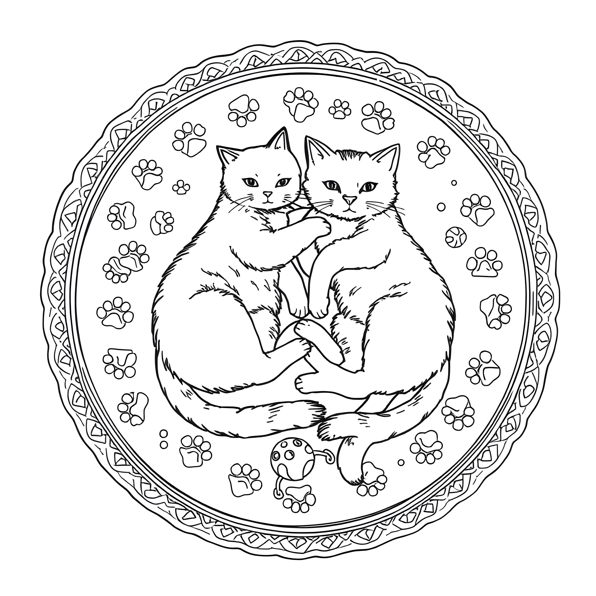 Cat pair in ornate circular frame Coloring Page (free black-and-white line drawing printable PDF for all, from beginners to advanced learners, including children, teens, adults, and seniors)