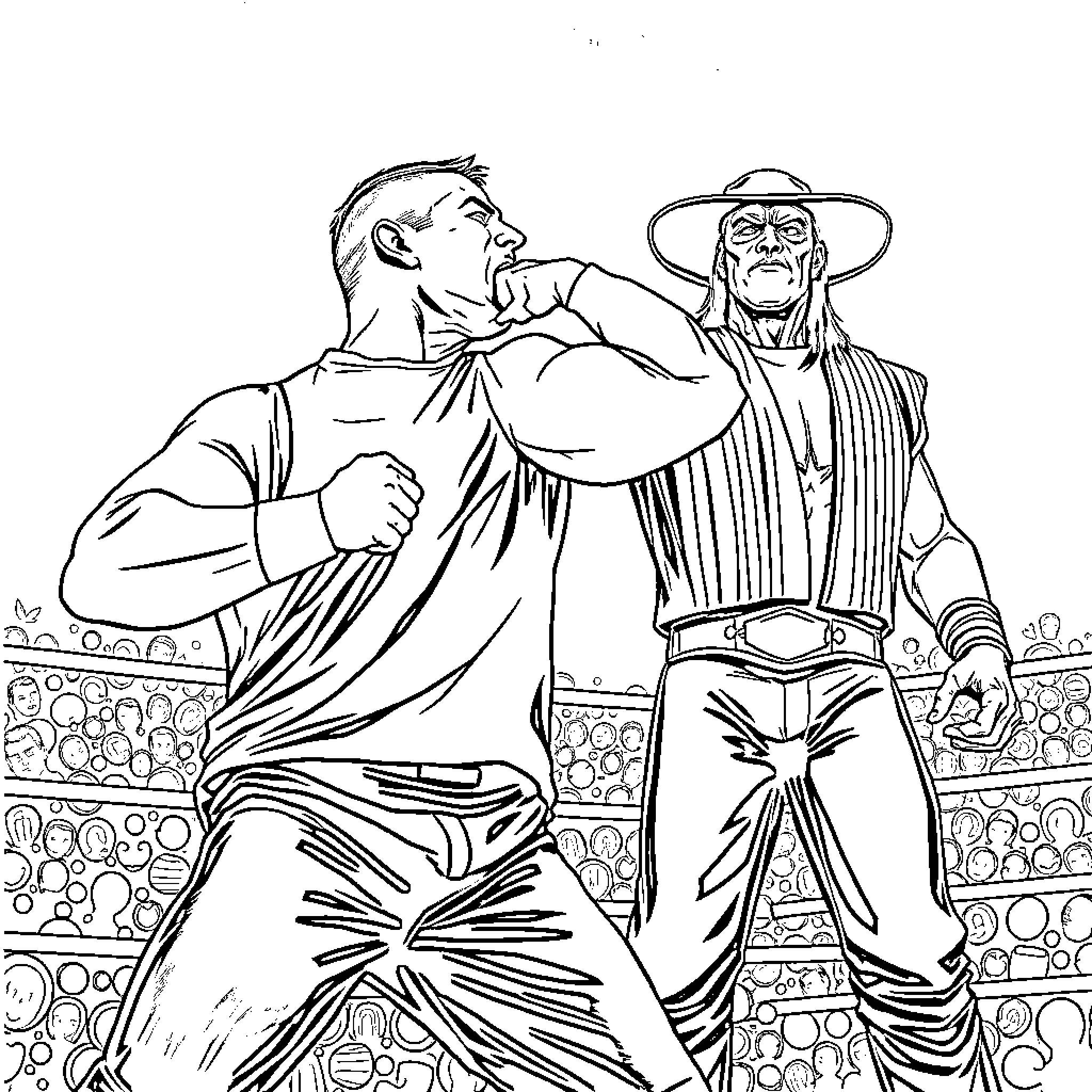 John Cena and Wrestler Performing Dramatic Grapple Move Coloring Page (free black-and-white line drawing printable PDF for all, from beginners to advanced learners, including children, teens, adults, and seniors)