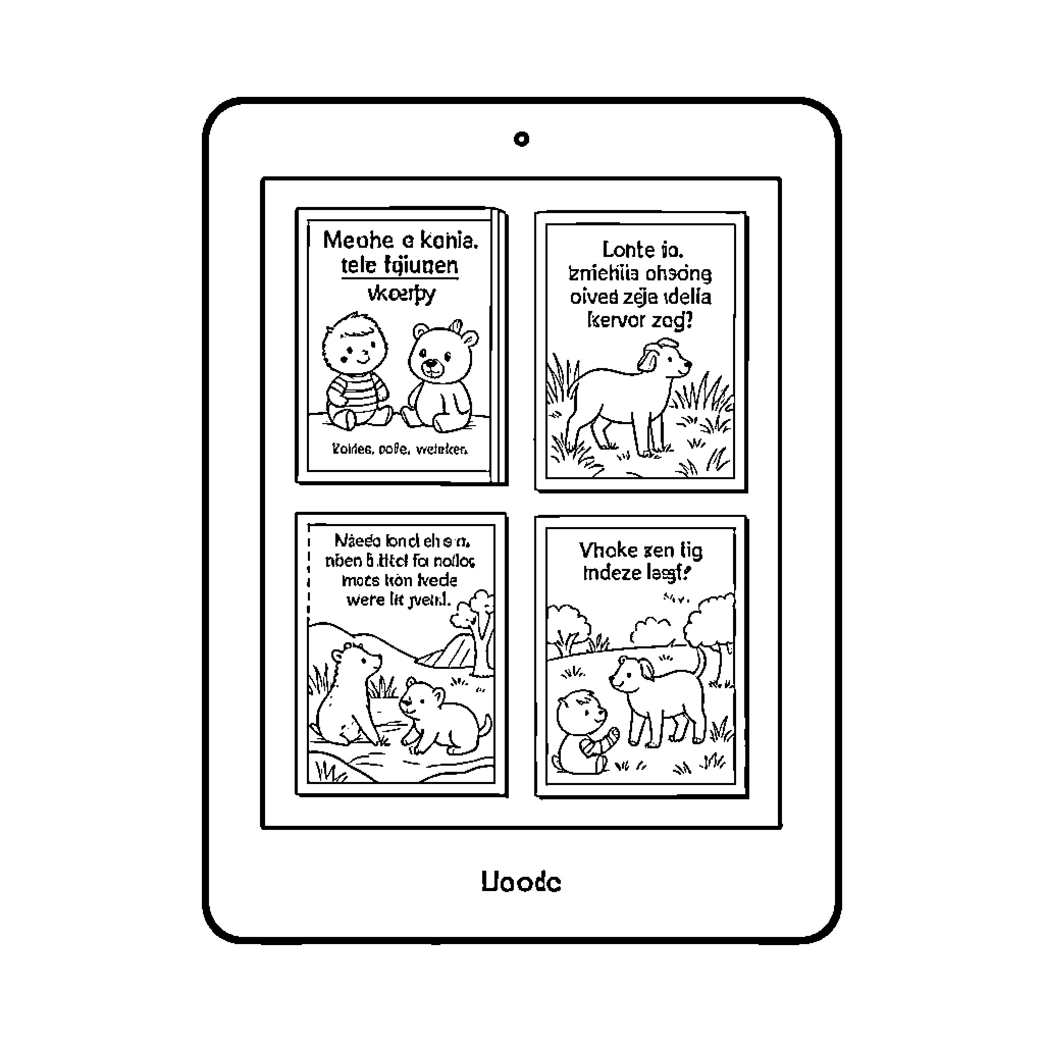 E-reader displaying various illustrated children's book pages Coloring Page (free black-and-white line drawing printable PDF for all, from beginners to advanced learners, including children, teens, adults, and seniors)