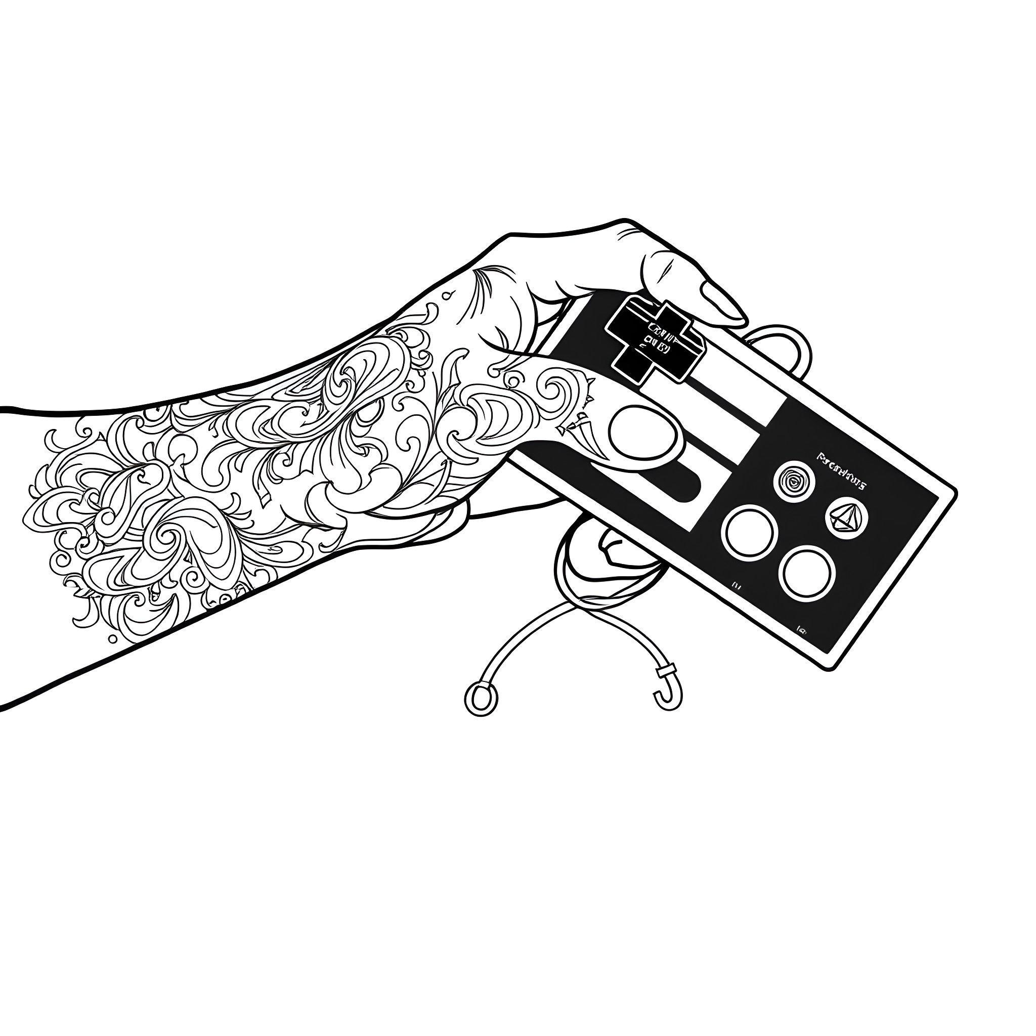 Controller Holding Retro Video Game Console Coloring Page (free black-and-white line drawing printable PDF for all, from beginners to advanced learners, including children, teens, adults, and seniors)