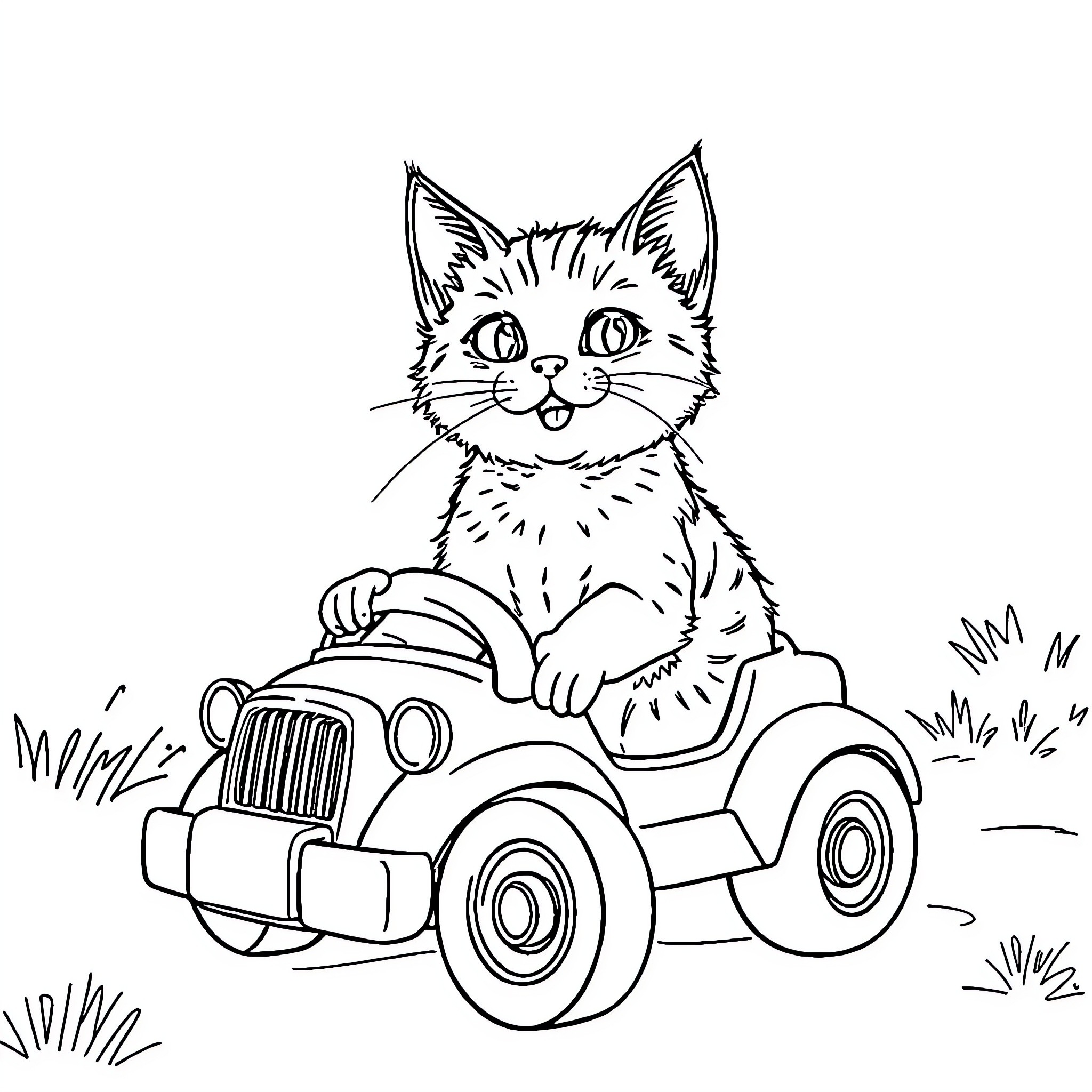 Car-driving kitten with joyful expression Coloring Page (free black-and-white line drawing printable PDF for all, from beginners to advanced learners, including children, teens, adults, and seniors)