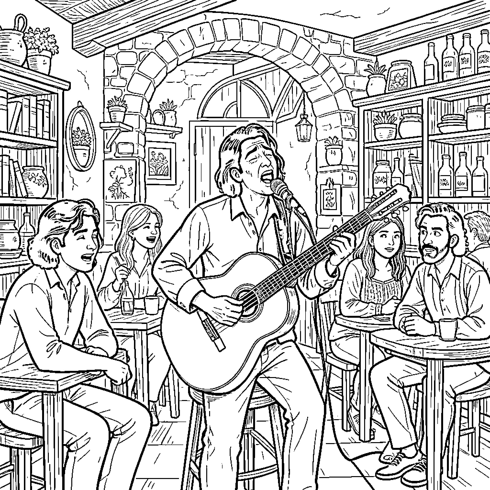 Fado Musicians Performing in a Traditional Setting Coloring Page (free black-and-white line drawing printable PDF for all, from beginners to advanced learners, including children, teens, adults, and seniors)