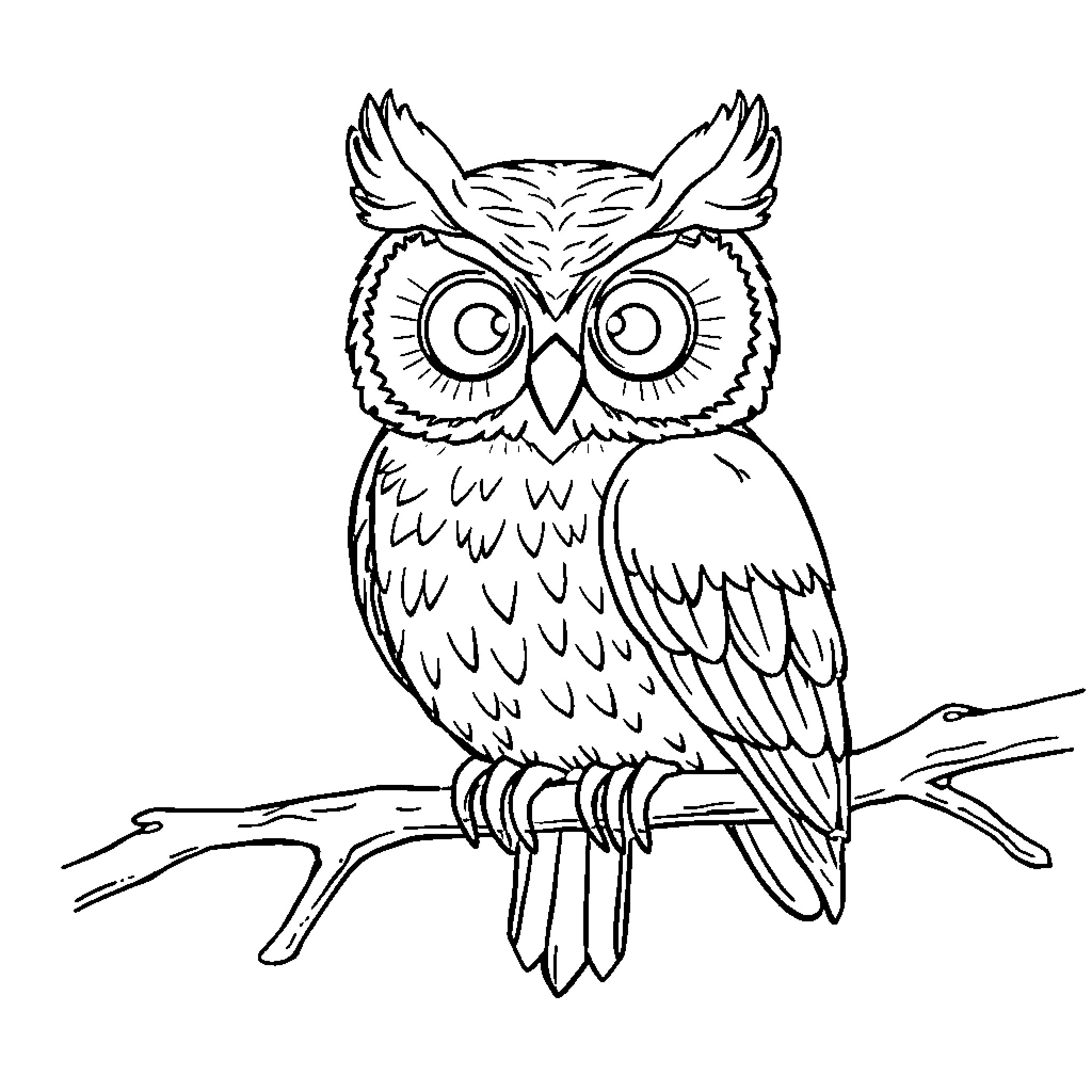 Owl perched on a branch with expressive eyes Coloring Page (free black-and-white line drawing printable PDF for all, from beginners to advanced learners, including children, teens, adults, and seniors)
