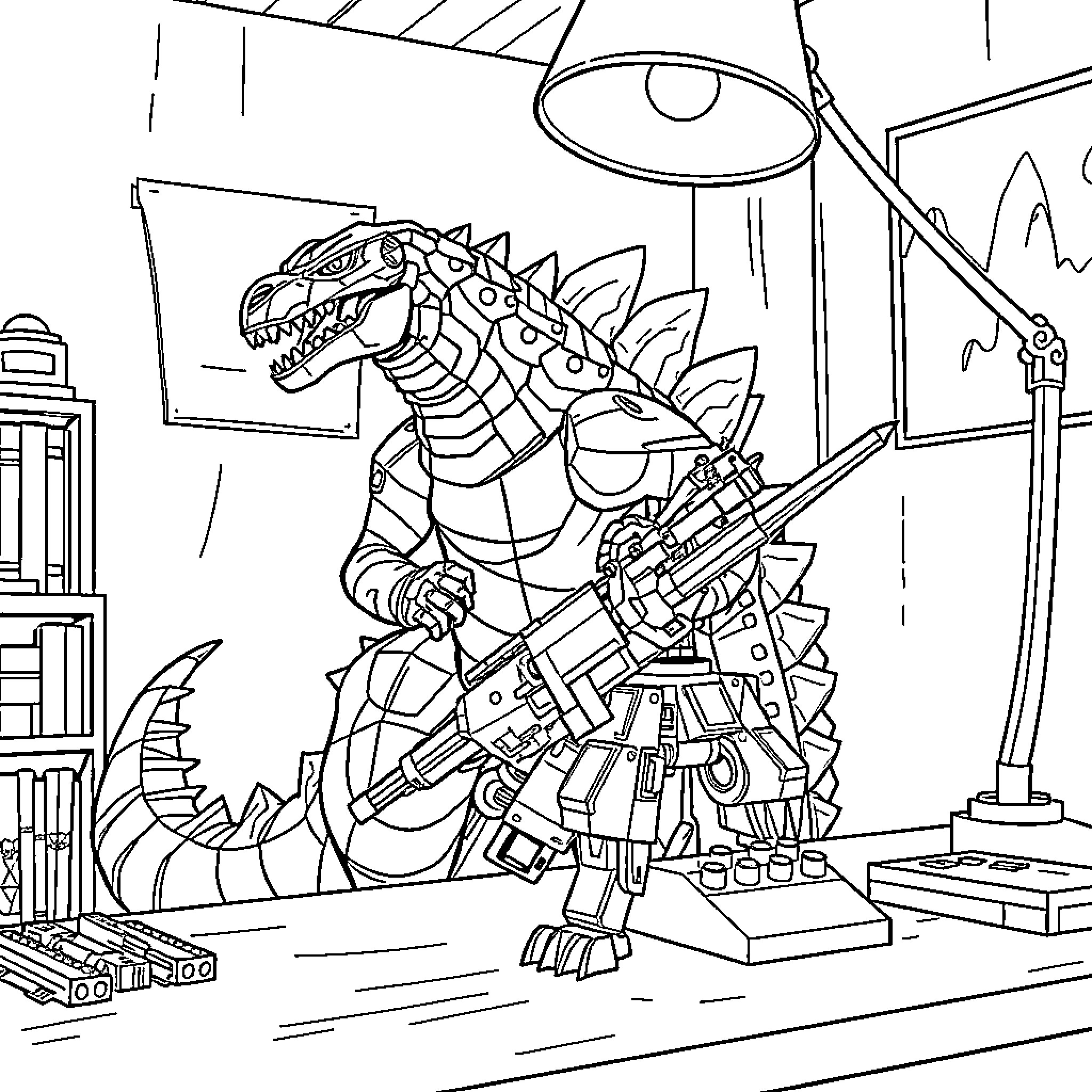 Godzilla rampages through a robot-filled room Coloring Page (free black-and-white line drawing printable PDF for all, from beginners to advanced learners, including children, teens, adults, and seniors)