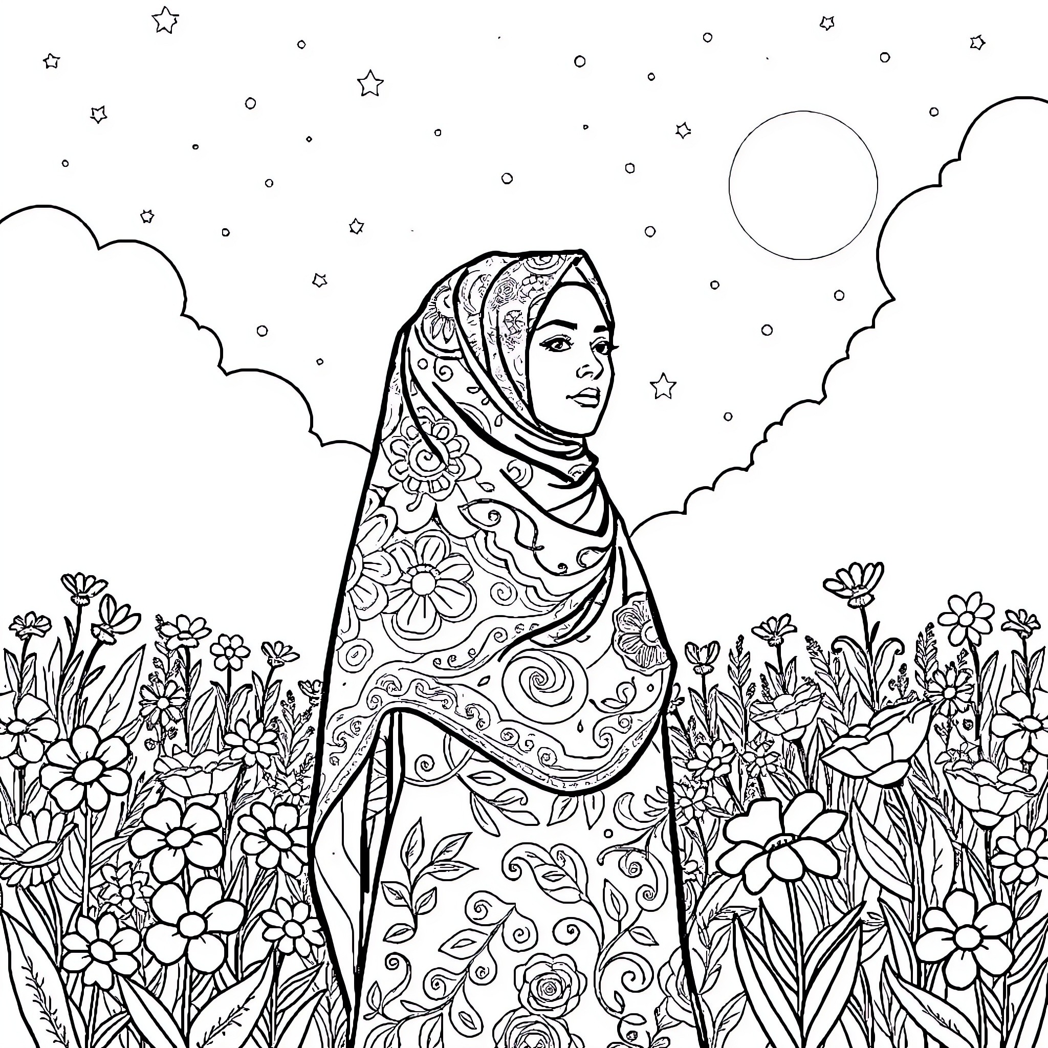 Woman surrounded by vibrant floral design Coloring Page (free black-and-white line drawing printable PDF for all, from beginners to advanced learners, including children, teens, adults, and seniors)