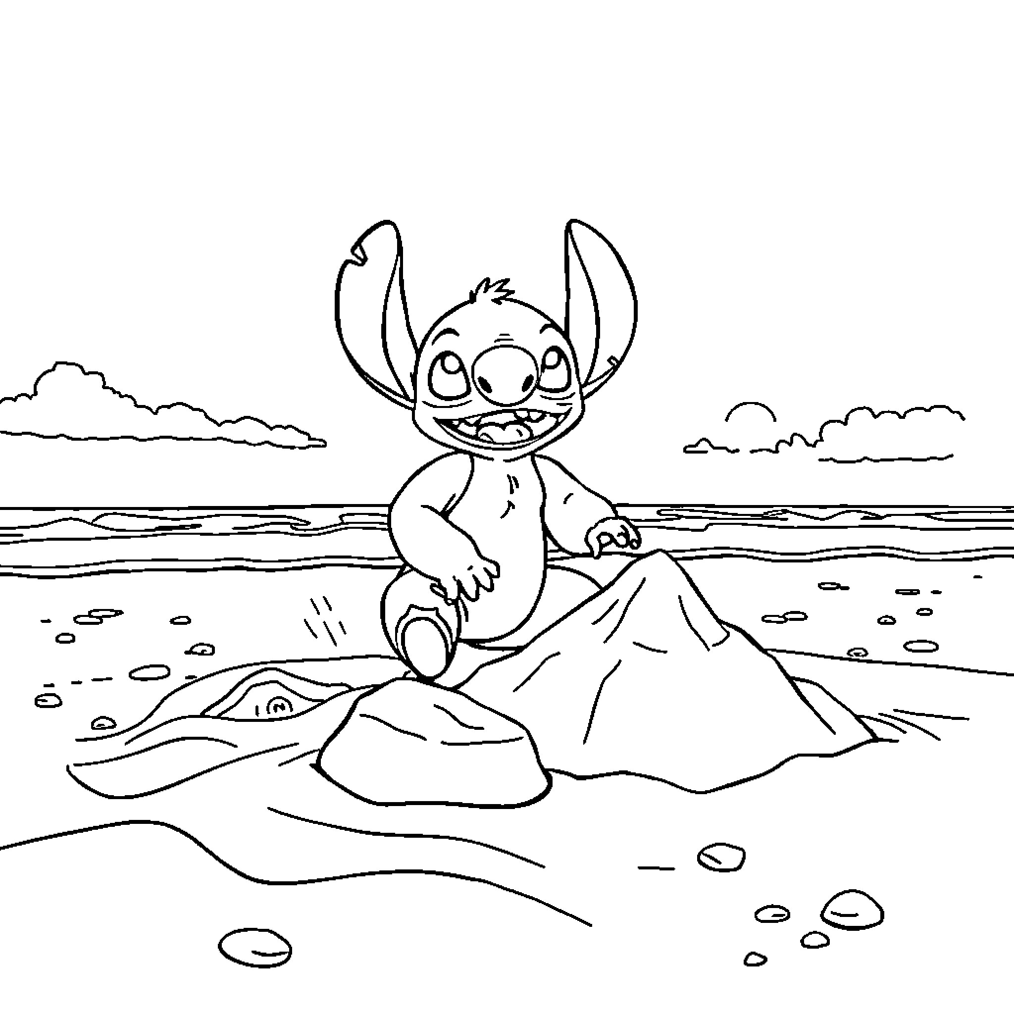 Stitch playing joyfully on the beach Coloring Page (free black-and-white line drawing printable PDF for all, from beginners to advanced learners, including children, teens, adults, and seniors)