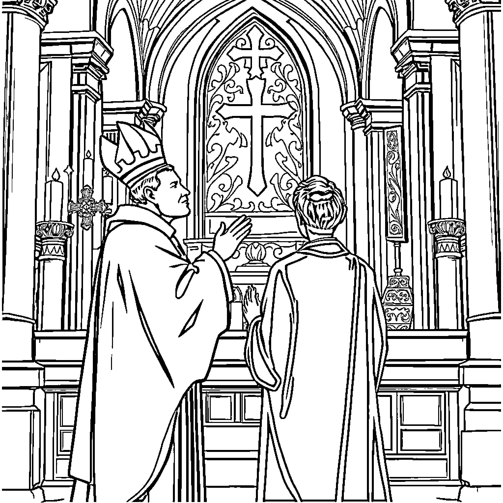 Sacerdote conducting religious ceremony in ornate cathedral Coloring Page (free black-and-white line drawing printable PDF for all, from beginners to advanced learners, including children, teens, adults, and seniors)