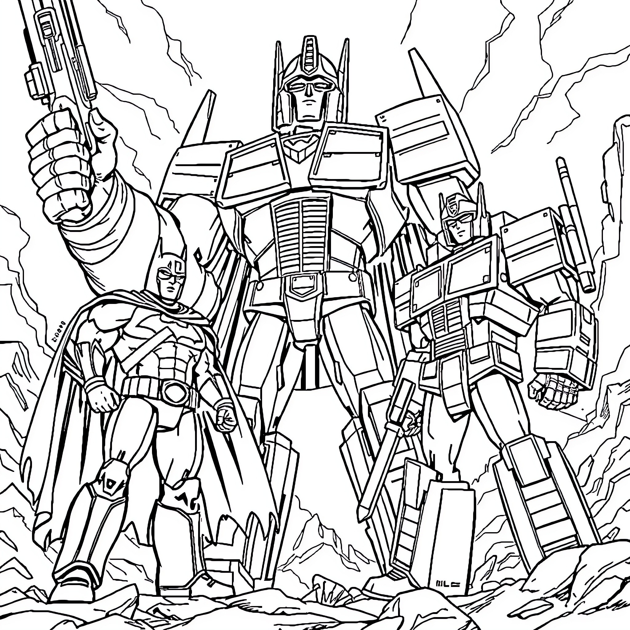 Batman and Transformers Join Forces in Epic Battle Coloring Page (free black-and-white line drawing printable PDF for all, from beginners to advanced learners, including children, teens, adults, and seniors)