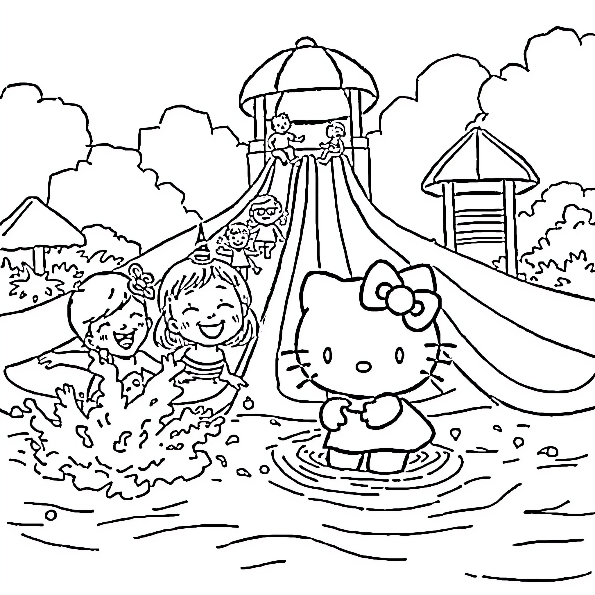 Hello Kitty playing in the park with friends Coloring Page (free black-and-white line drawing printable PDF for all, from beginners to advanced learners, including children, teens, adults, and seniors)