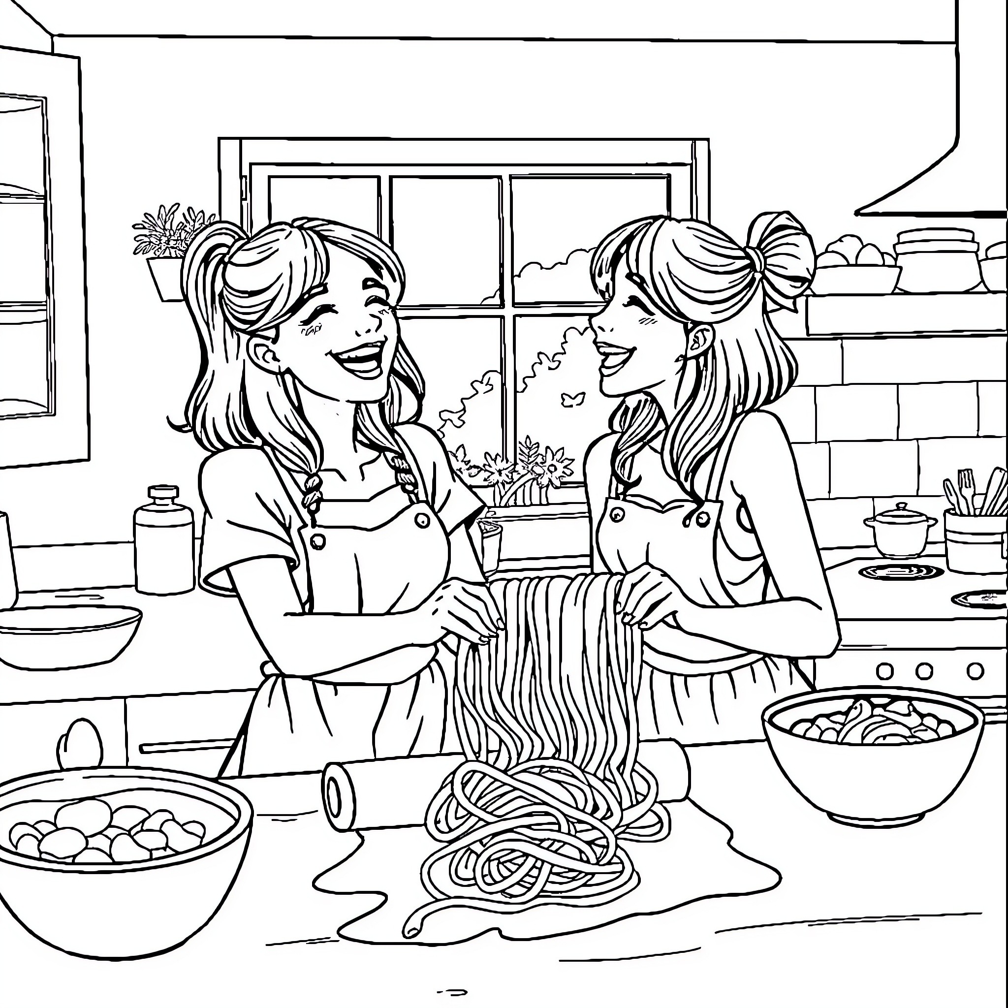 Girls cooking homemade pasta together in the kitchen Coloring Page (free black-and-white line drawing printable PDF for all, from beginners to advanced learners, including children, teens, adults, and seniors)