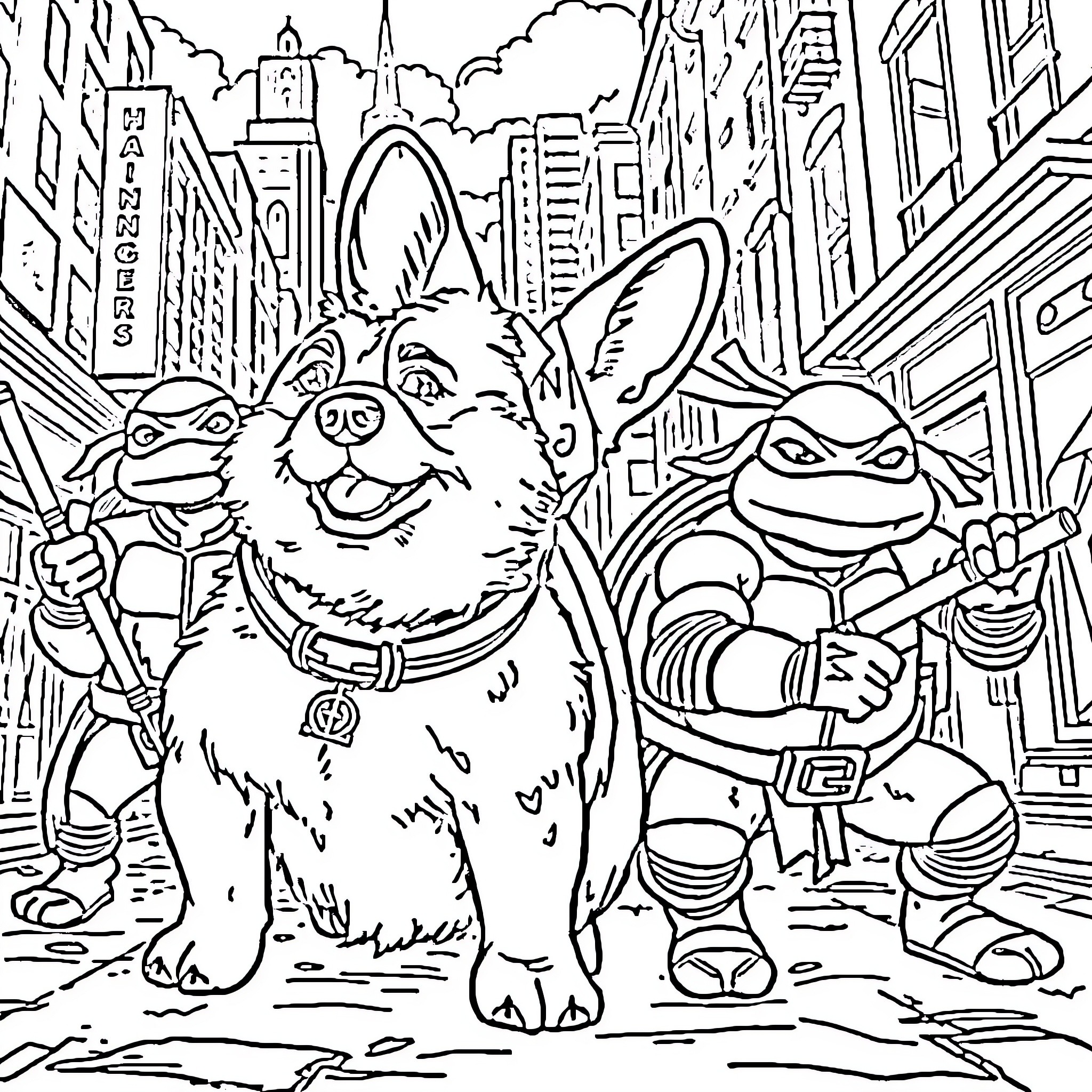 Corgi exploring the city with a ninja turtle friend Coloring Page (free black-and-white line drawing printable PDF for all, from beginners to advanced learners, including children, teens, adults, and seniors)