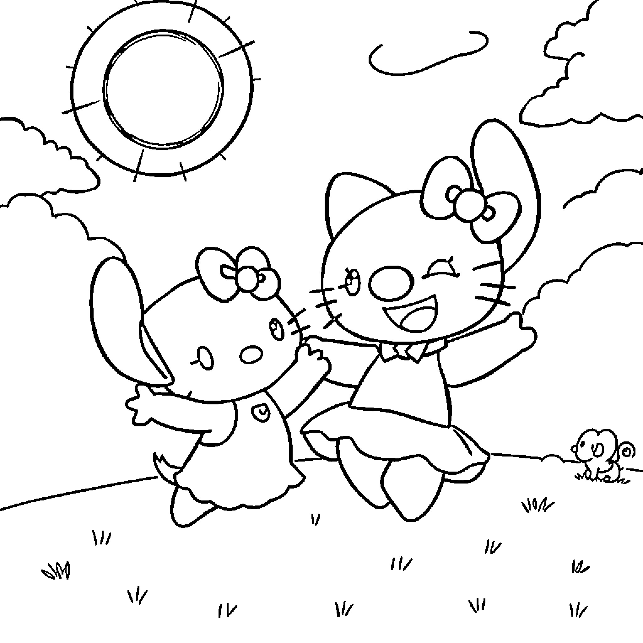 Hello Kitty playing happily in the sunny outdoors Coloring Page (free black-and-white line drawing printable PDF for all, from beginners to advanced learners, including children, teens, adults, and seniors)