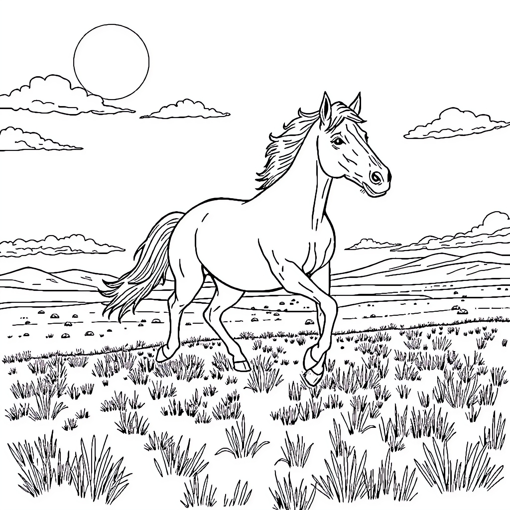 Spirit of a Wild Horse in the Moonlit Meadow Coloring Page (free black-and-white line drawing printable PDF for all, from beginners to advanced learners, including children, teens, adults, and seniors)