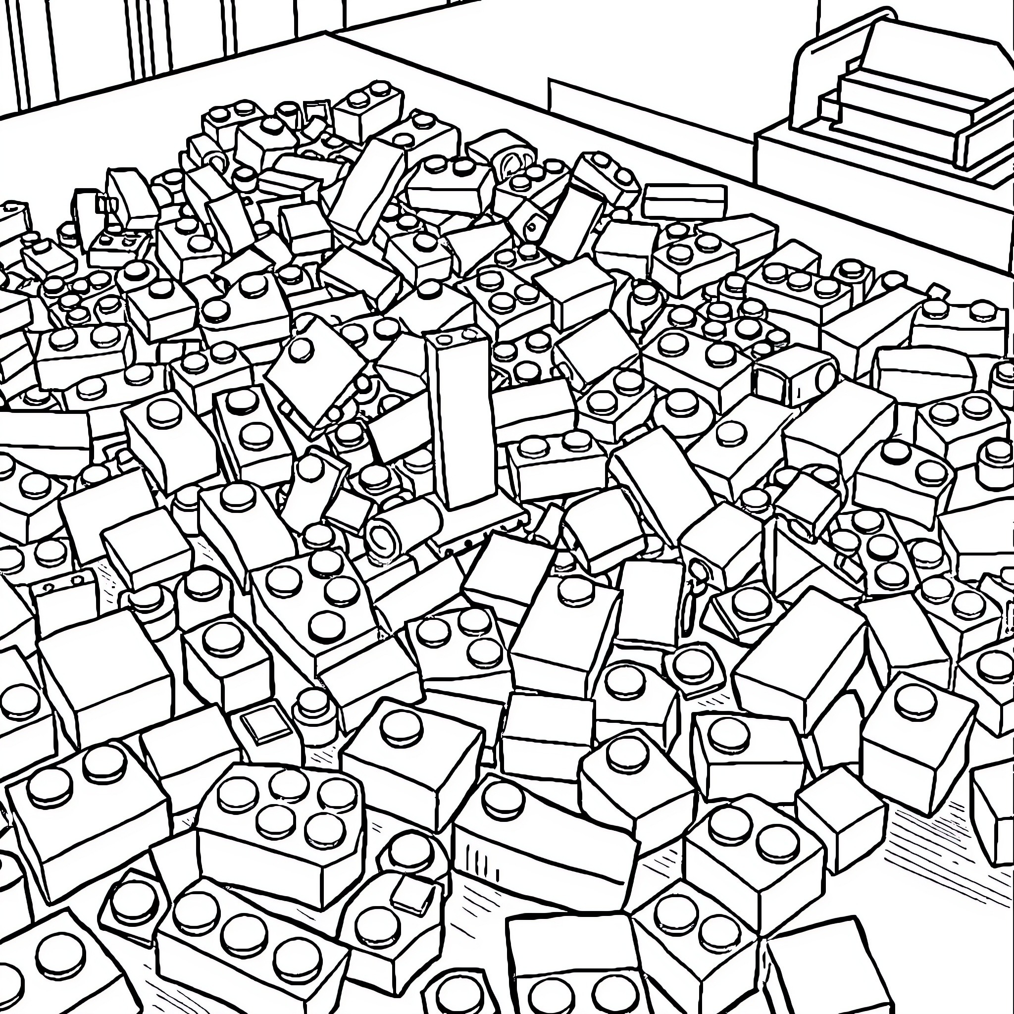 Lego bricks scattered in a messy pile Coloring Page (free black-and-white line drawing printable PDF for all, from beginners to advanced learners, including children, teens, adults, and seniors)