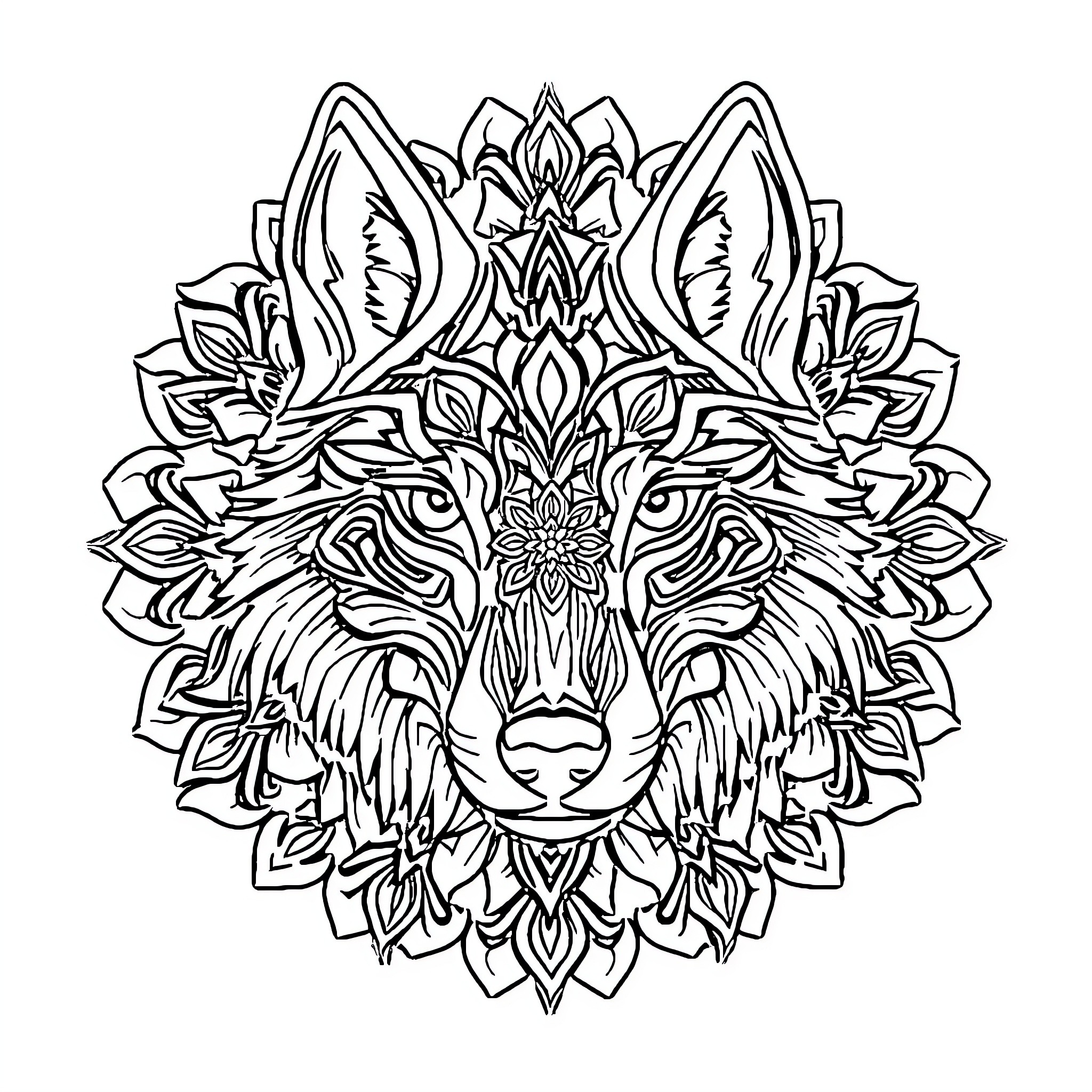 Wolf of intricate floral patterns Coloring Page (free black-and-white line drawing printable PDF for all, from beginners to advanced learners, including children, teens, adults, and seniors)
