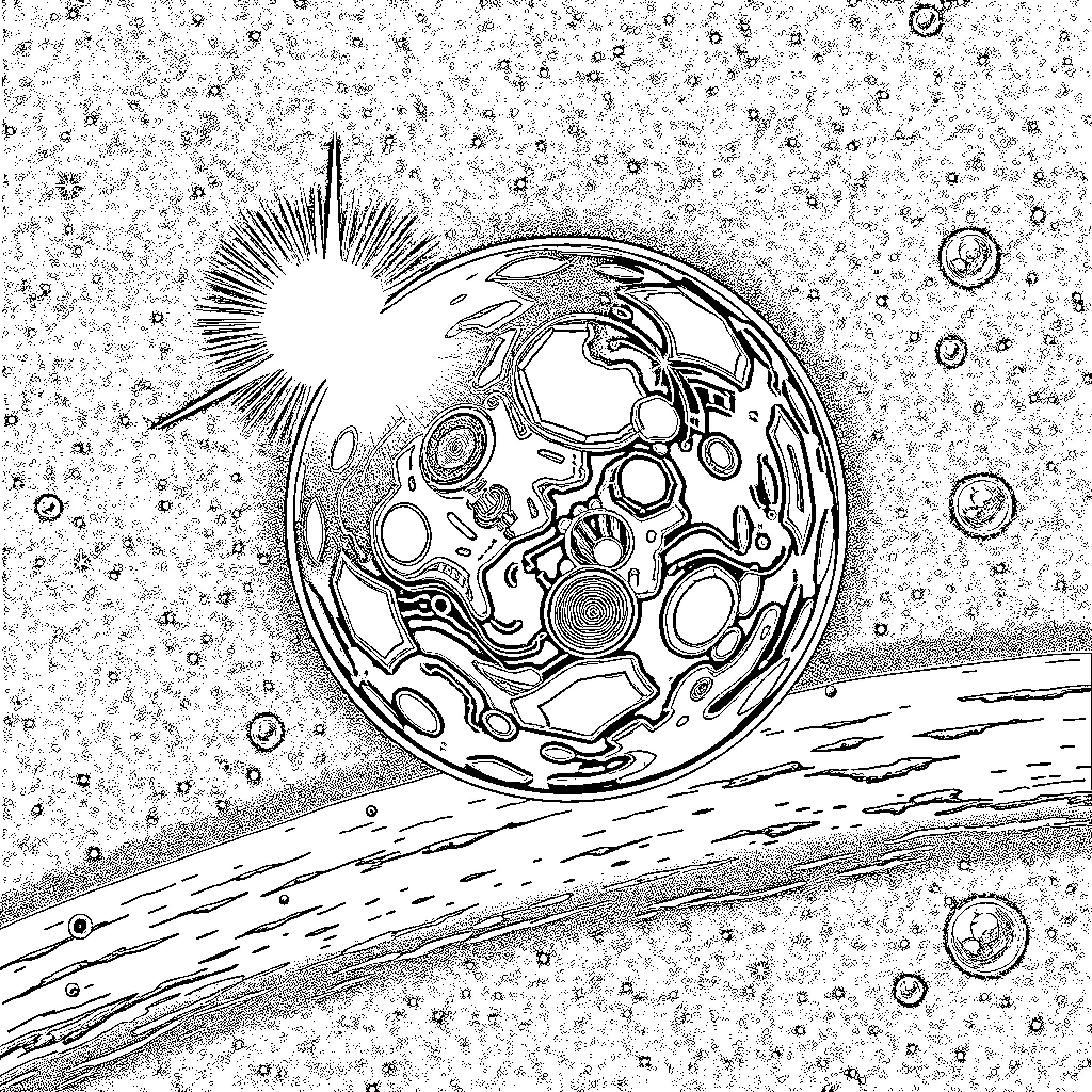 Humanoid spacecraft traversing through cosmic debris Coloring Page (free black-and-white line drawing printable PDF for all, from beginners to advanced learners, including children, teens, adults, and seniors)