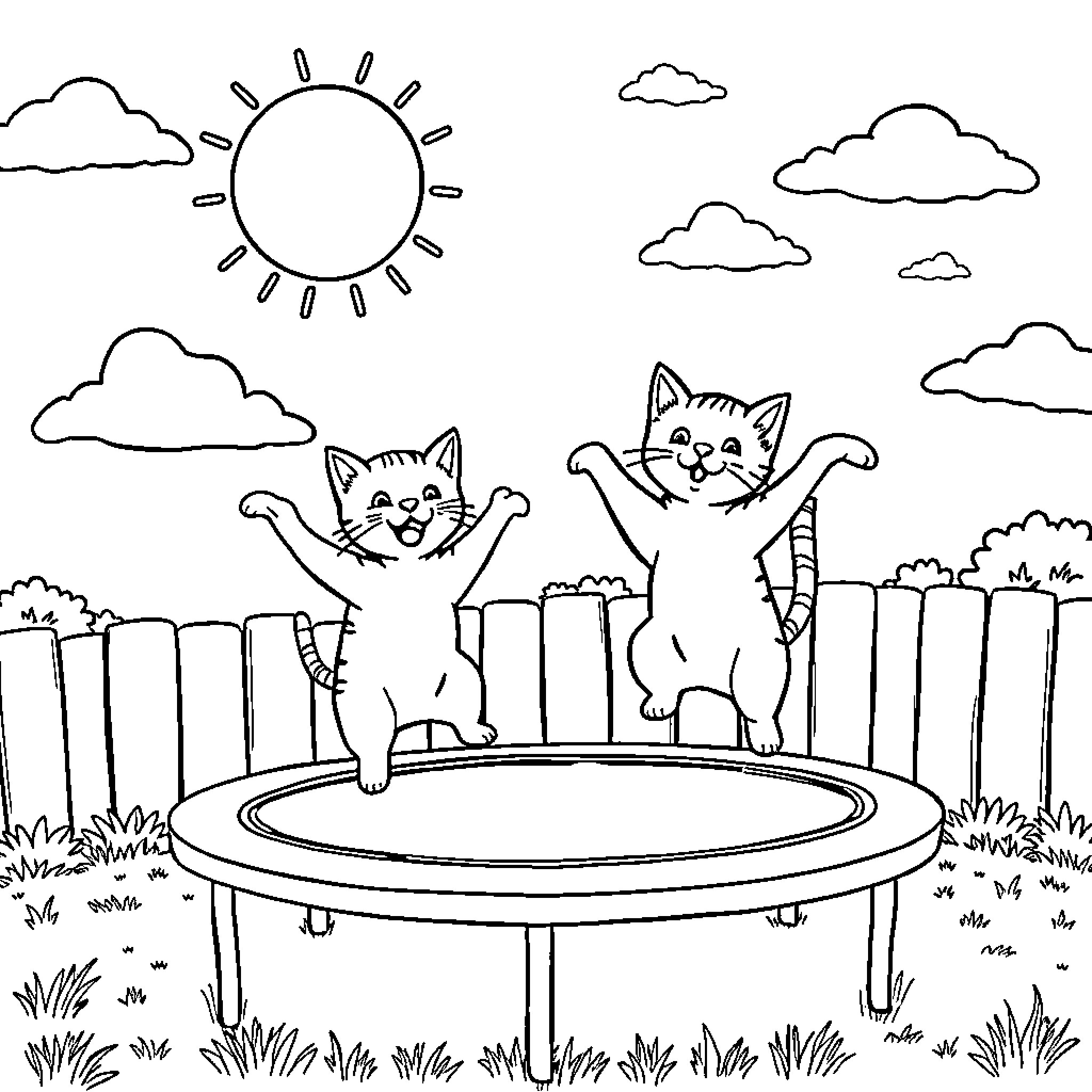 Cats playing happily on a trampoline in the yard Coloring Page (free black-and-white line drawing printable PDF for all, from beginners to advanced learners, including children, teens, adults, and seniors)