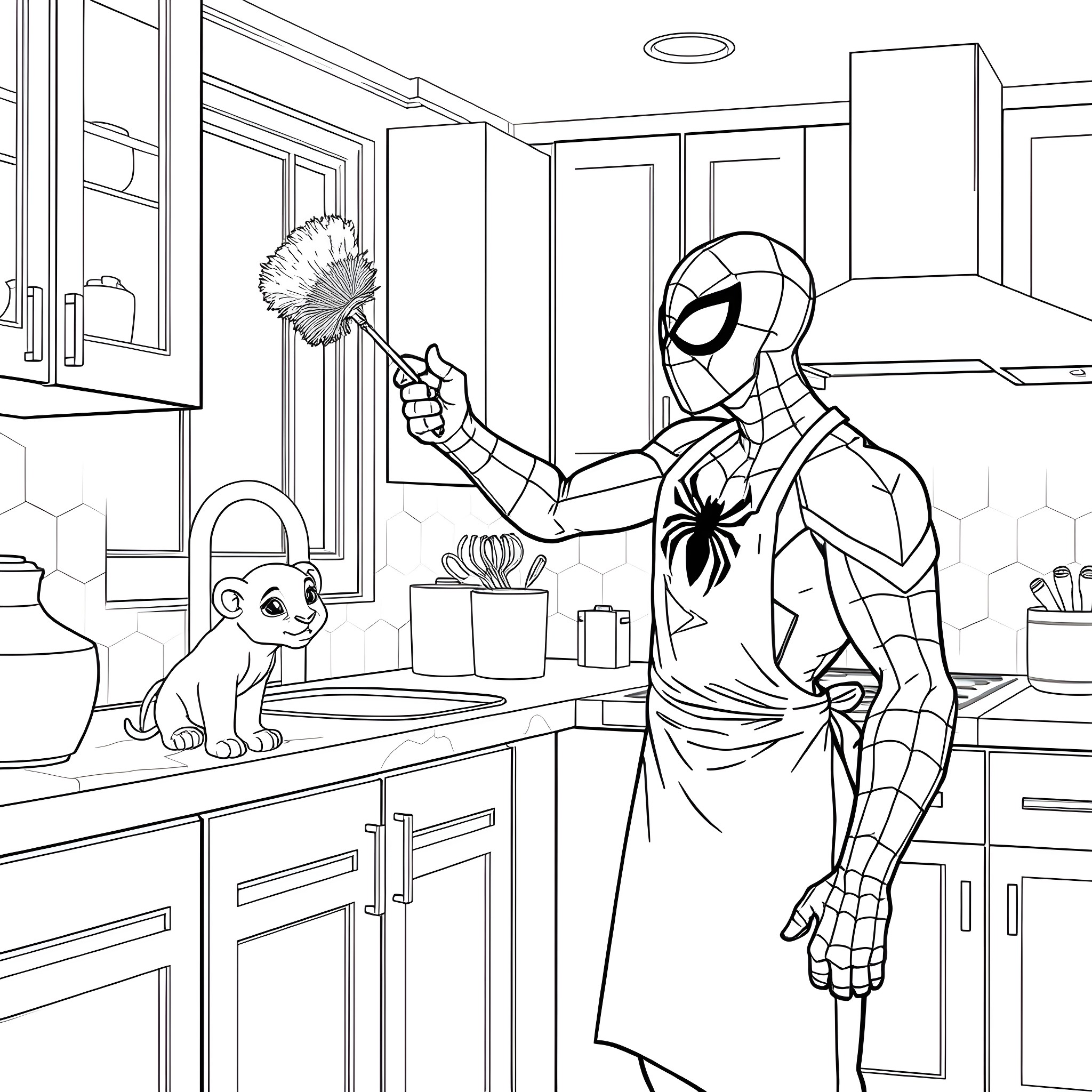 Spiderman cooking in the kitchen with a puppy Coloring Page (free black-and-white line drawing printable PDF for all, from beginners to advanced learners, including children, teens, adults, and seniors)