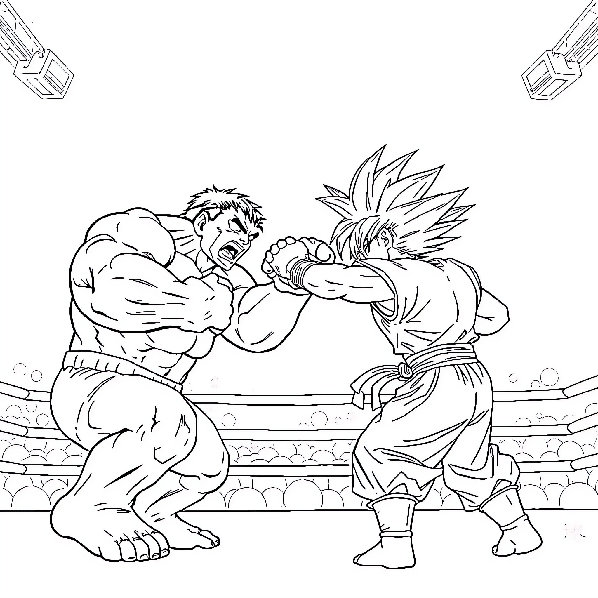 Hulk battling a fierce warrior in an intense fight Coloring Page (free black-and-white line drawing printable PDF for all, from beginners to advanced learners, including children, teens, adults, and seniors)