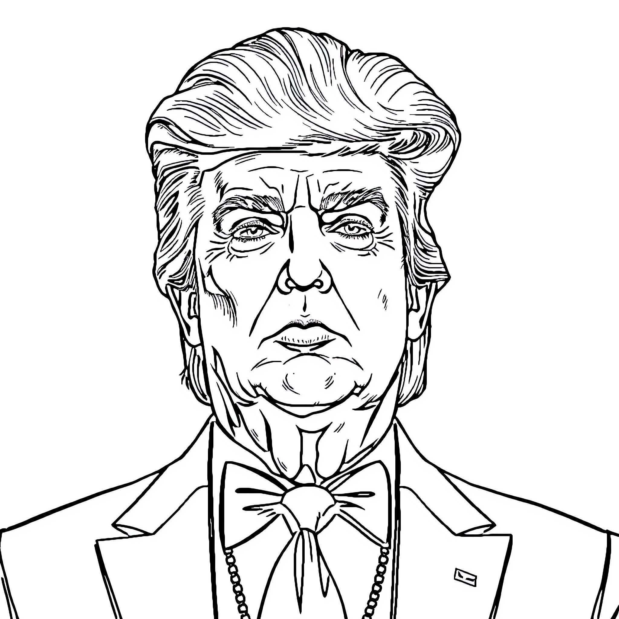 Donald Trump in Formal Attire with Distinctive Hairstyle Coloring Page (free black-and-white line drawing printable PDF for all, from beginners to advanced learners, including children, teens, adults, and seniors)