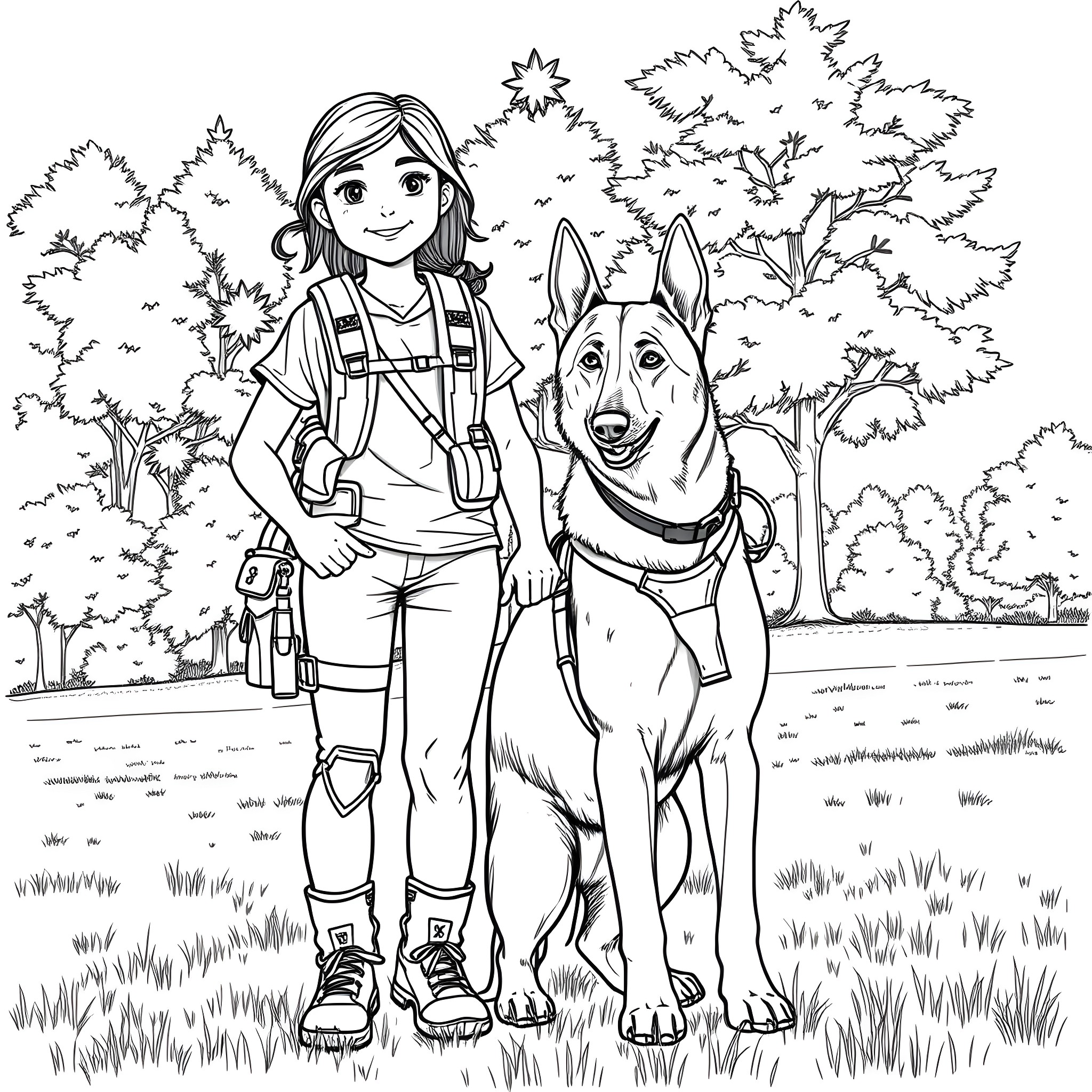 Teen Girl Walking with Her Dog in the Park Coloring Page (free black-and-white line drawing printable PDF for all, from beginners to advanced learners, including children, teens, adults, and seniors)