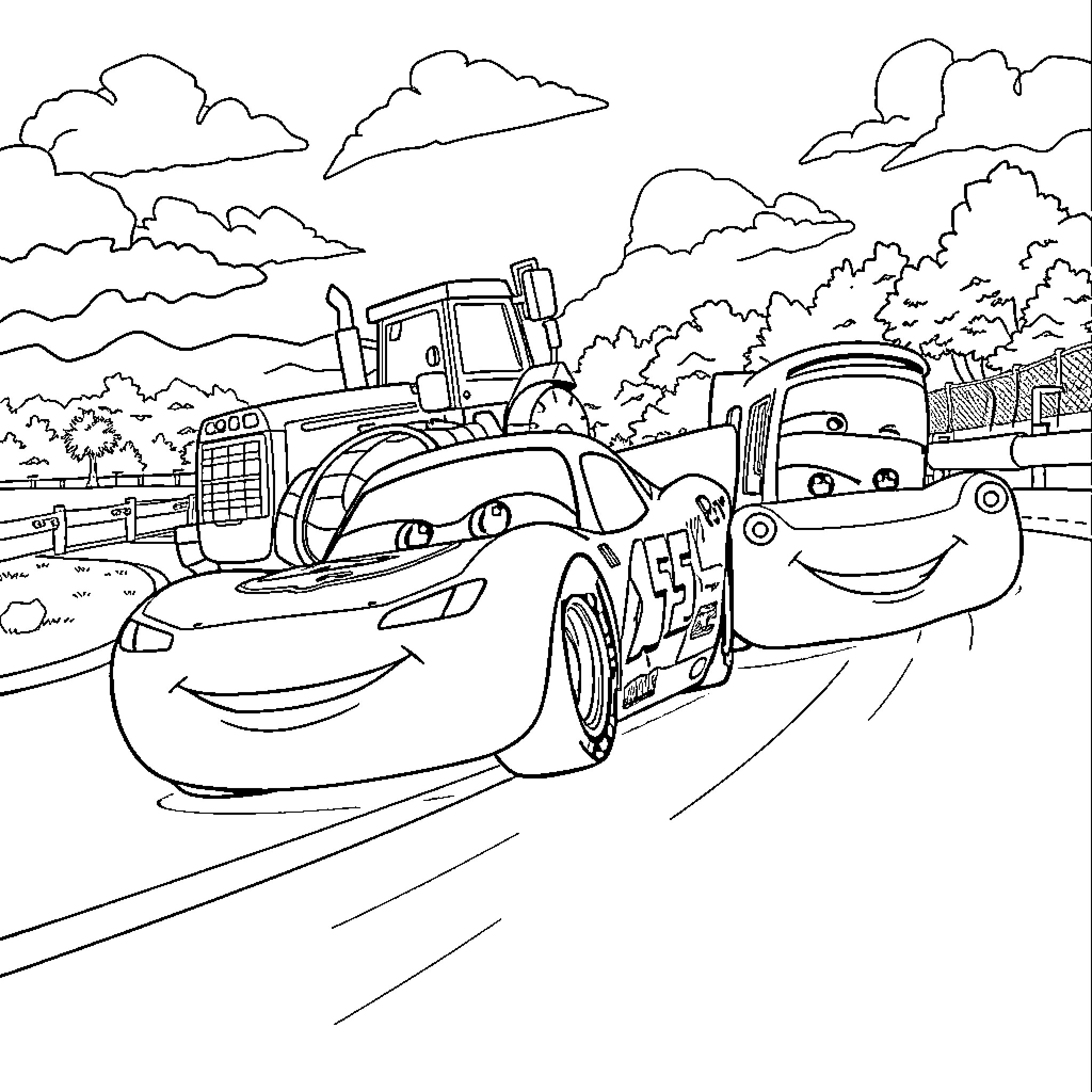 Cars racing on the countryside road Coloring Page (free black-and-white line drawing printable PDF for all, from beginners to advanced learners, including children, teens, adults, and seniors)