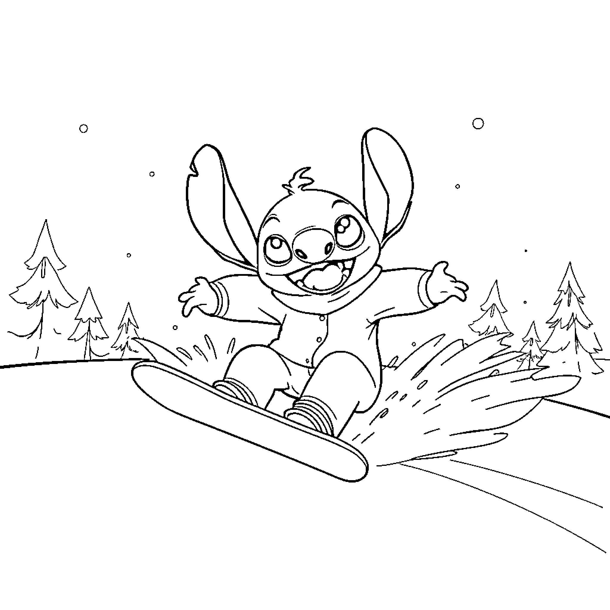 Stitch snowboarding through winter wonderland Coloring Page (free black-and-white line drawing printable PDF for all, from beginners to advanced learners, including children, teens, adults, and seniors)
