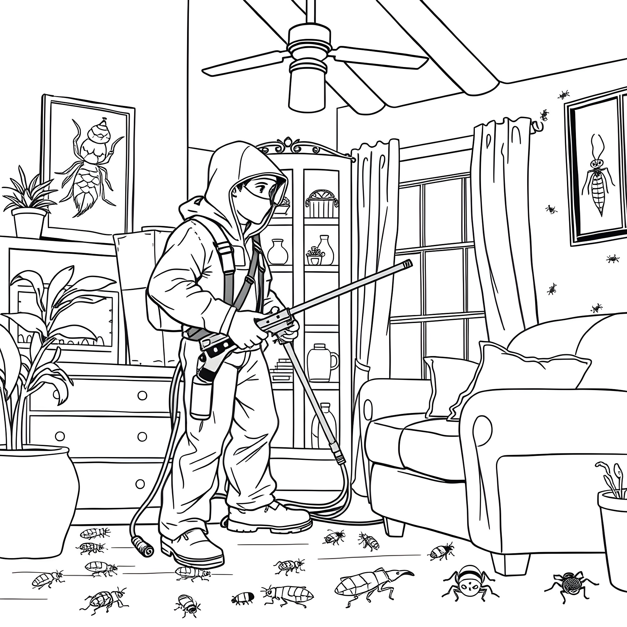 Pest Control Technician inspecting for pests in a residential indoor setting Coloring Page (free black-and-white line drawing printable PDF for all, from beginners to advanced learners, including children, teens, adults, and seniors)