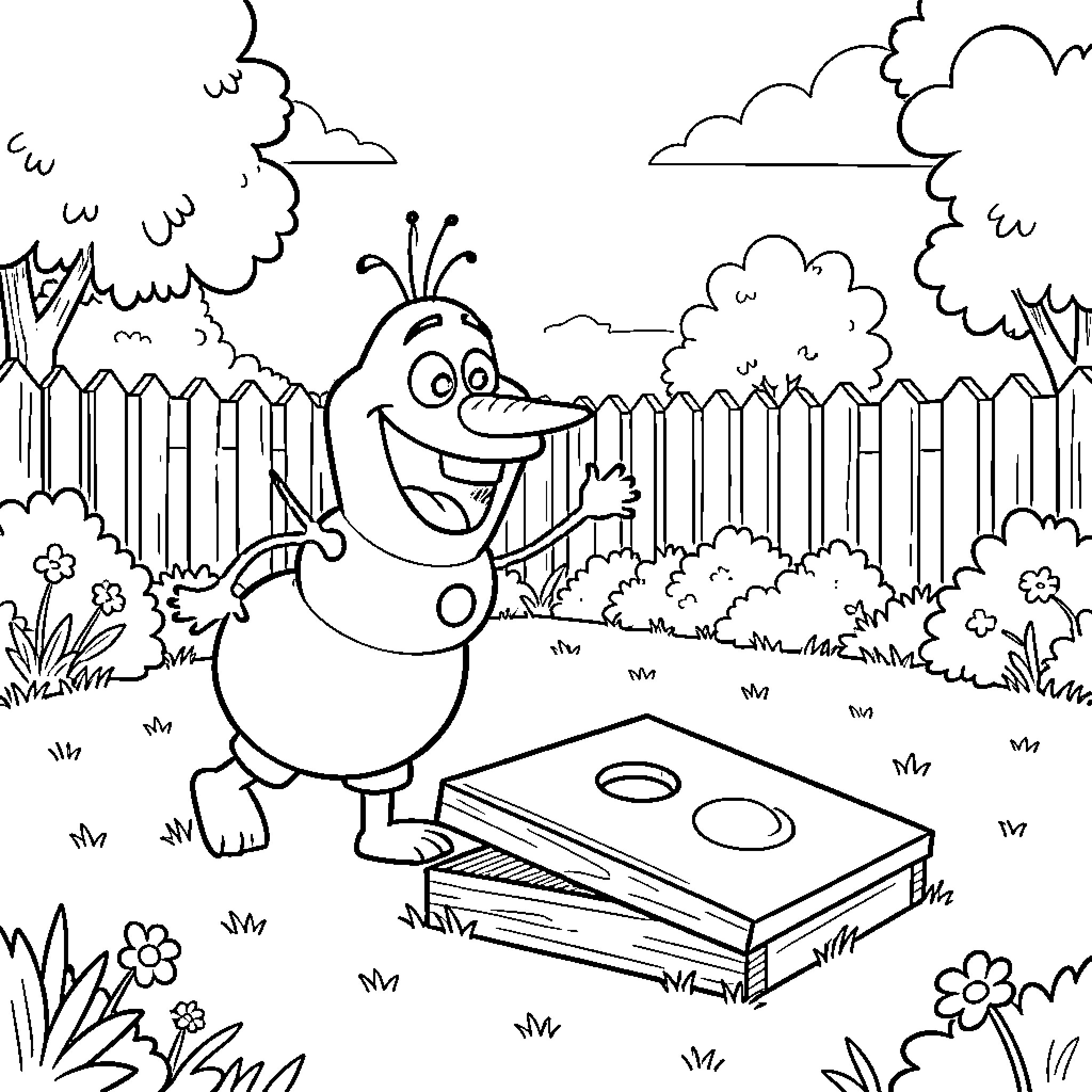 Olaf playing a lawn game in a garden Coloring Page (free black-and-white line drawing printable PDF for all, from beginners to advanced learners, including children, teens, adults, and seniors)