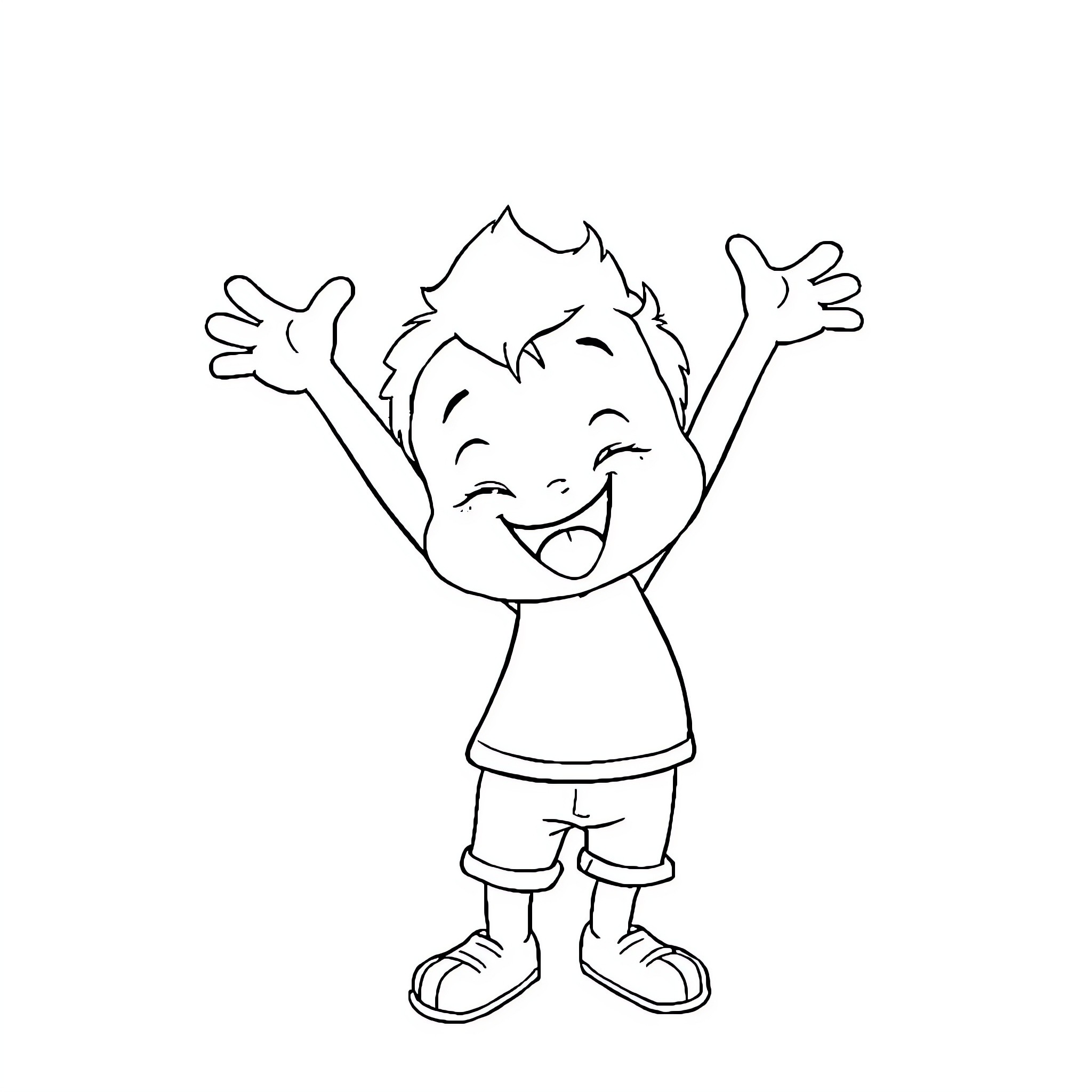 Character happily celebrating with arms raised Coloring Page (free black-and-white line drawing printable PDF for all, from beginners to advanced learners, including children, teens, adults, and seniors)