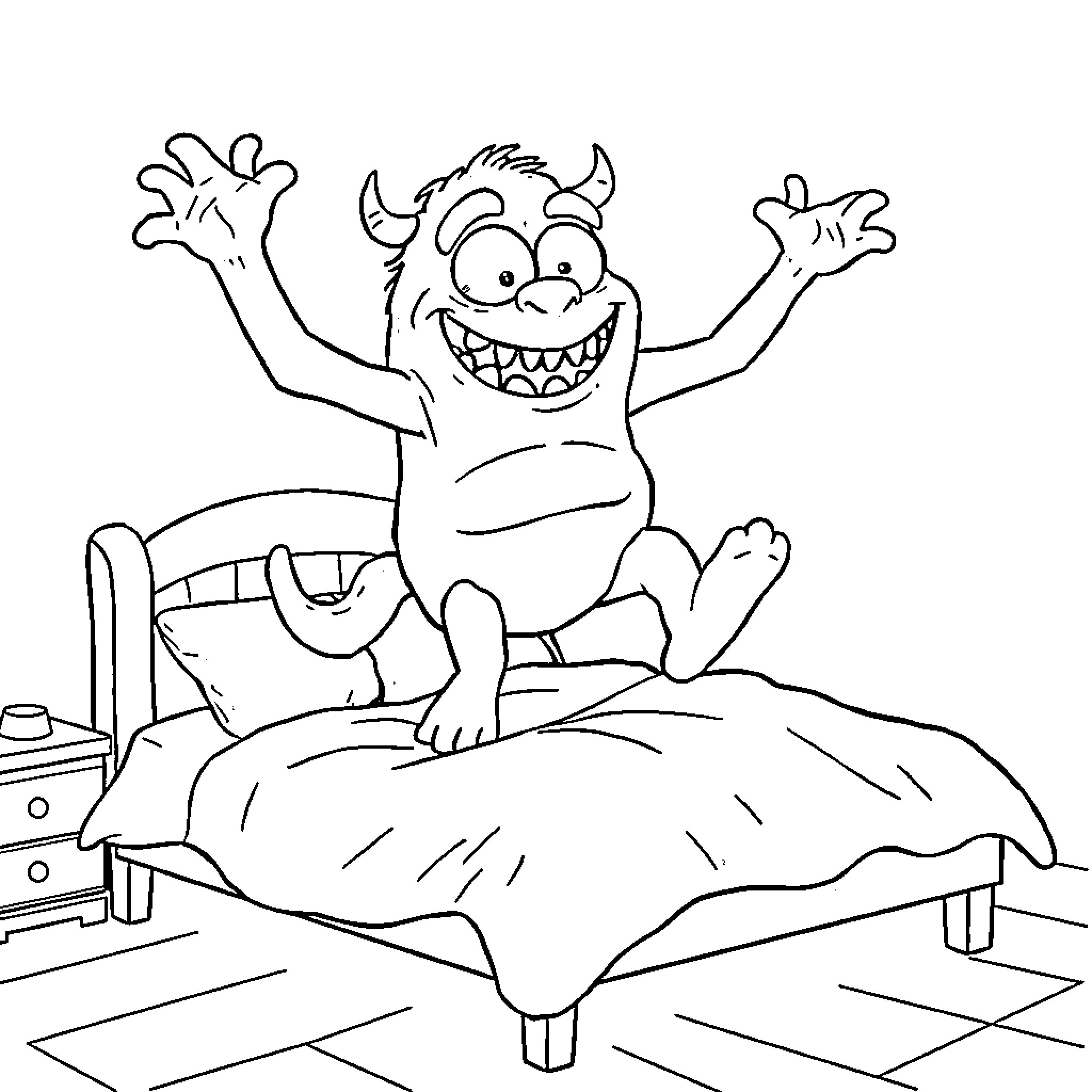Monster waking up excitedly on bed Coloring Page (free black-and-white line drawing printable PDF for all, from beginners to advanced learners, including children, teens, adults, and seniors)