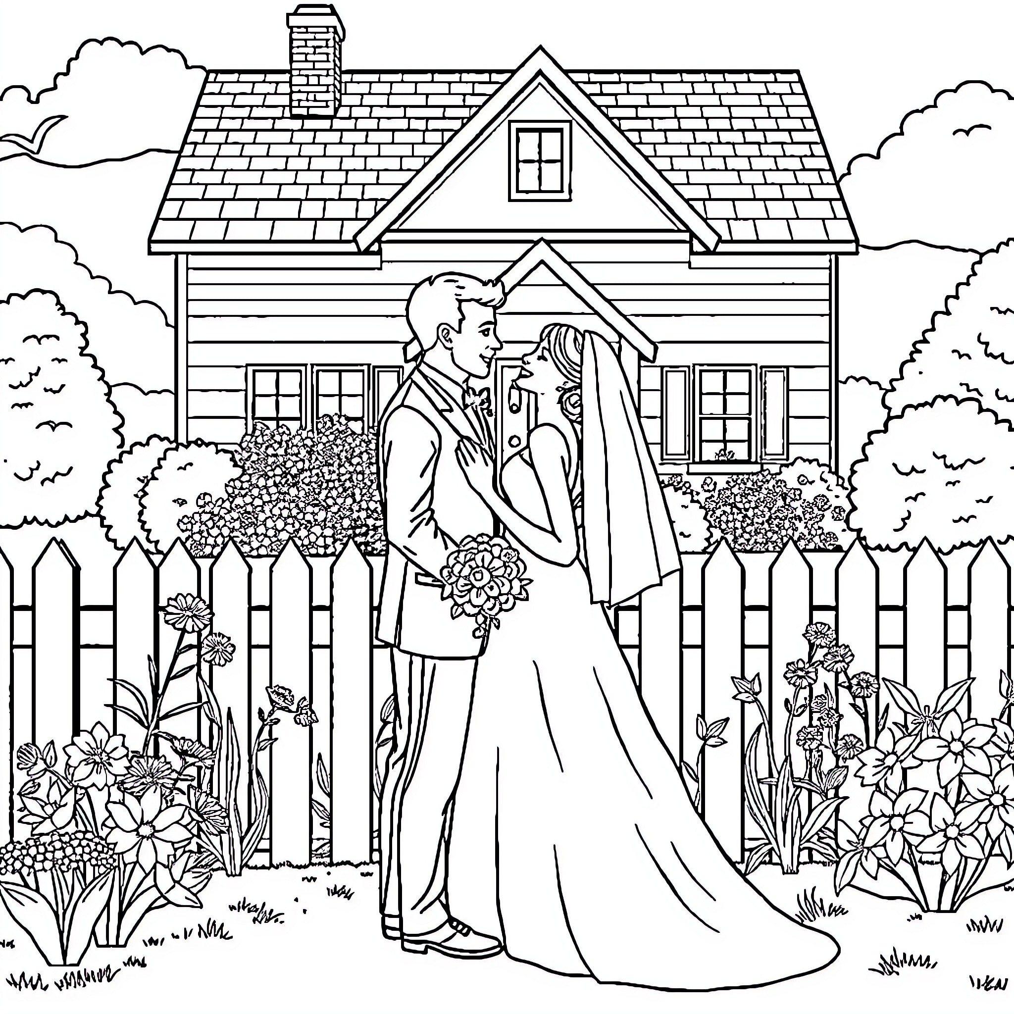 Bride and Groom Embracing in Front of Cottage Coloring Page (free black-and-white line drawing printable PDF for all, from beginners to advanced learners, including children, teens, adults, and seniors)