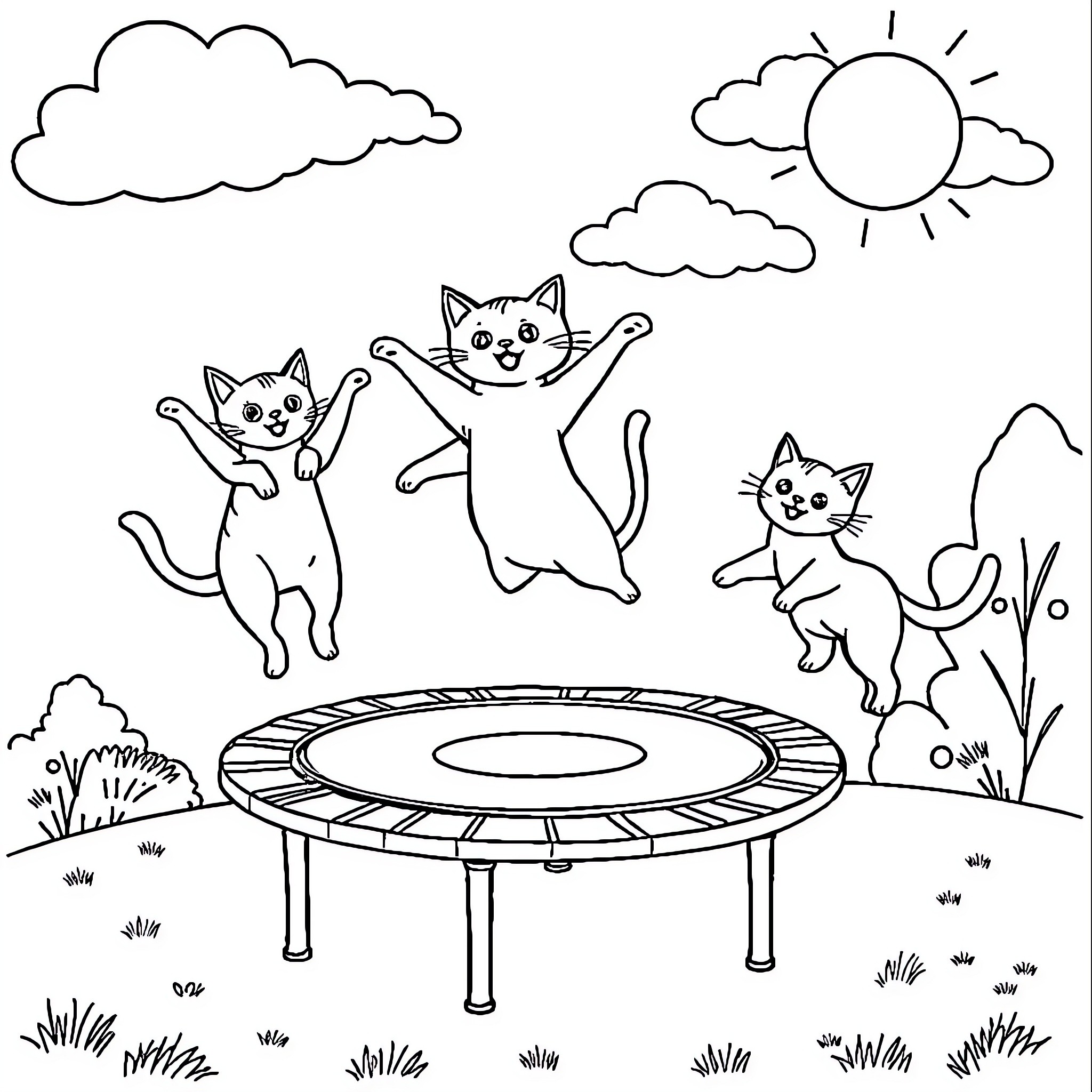 Cats jumping on trampoline in nature Coloring Page (free black-and-white line drawing printable PDF for all, from beginners to advanced learners, including children, teens, adults, and seniors)