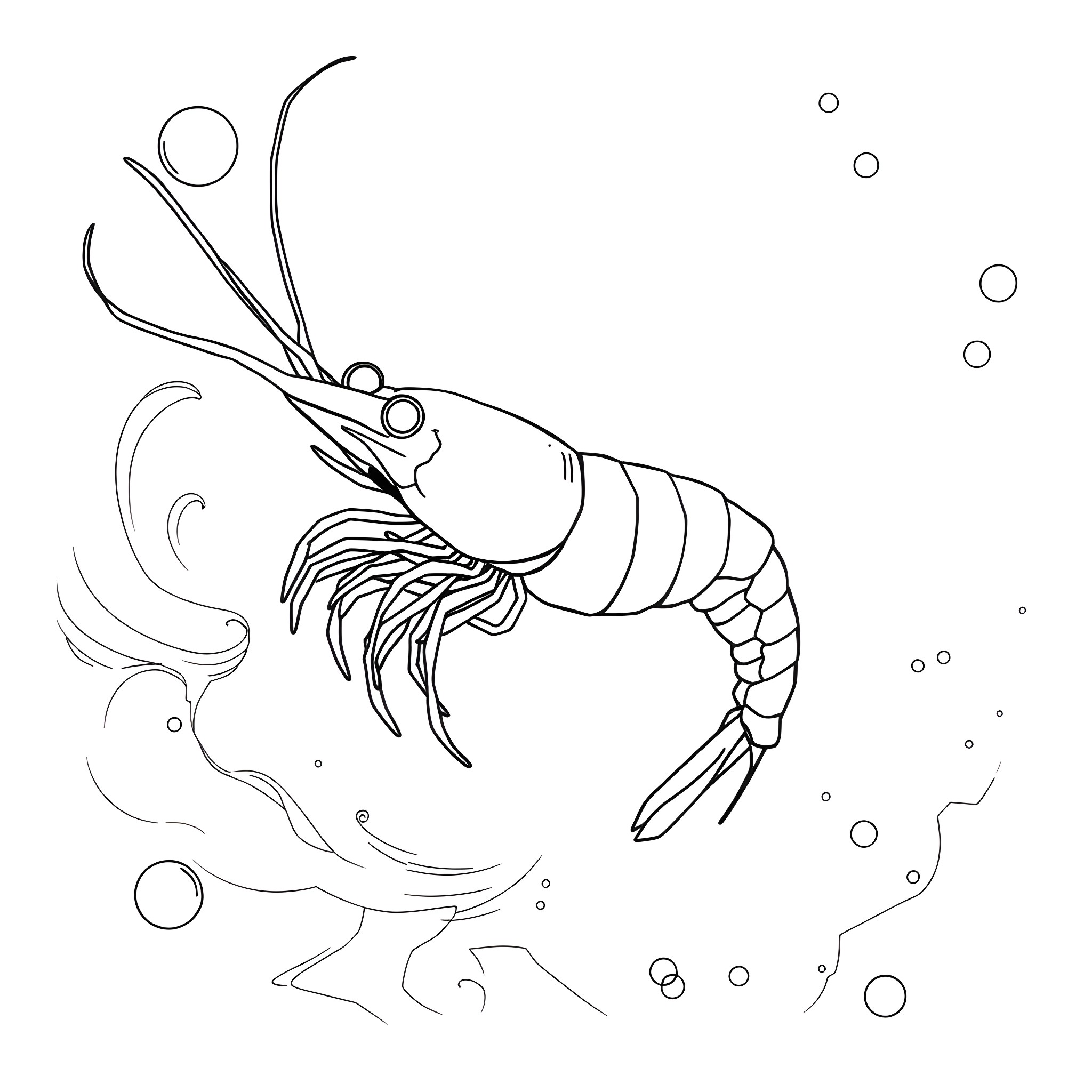 Shrimp swimming in the underwater scene Coloring Page (free black-and-white line drawing printable PDF for all, from beginners to advanced learners, including children, teens, adults, and seniors)
