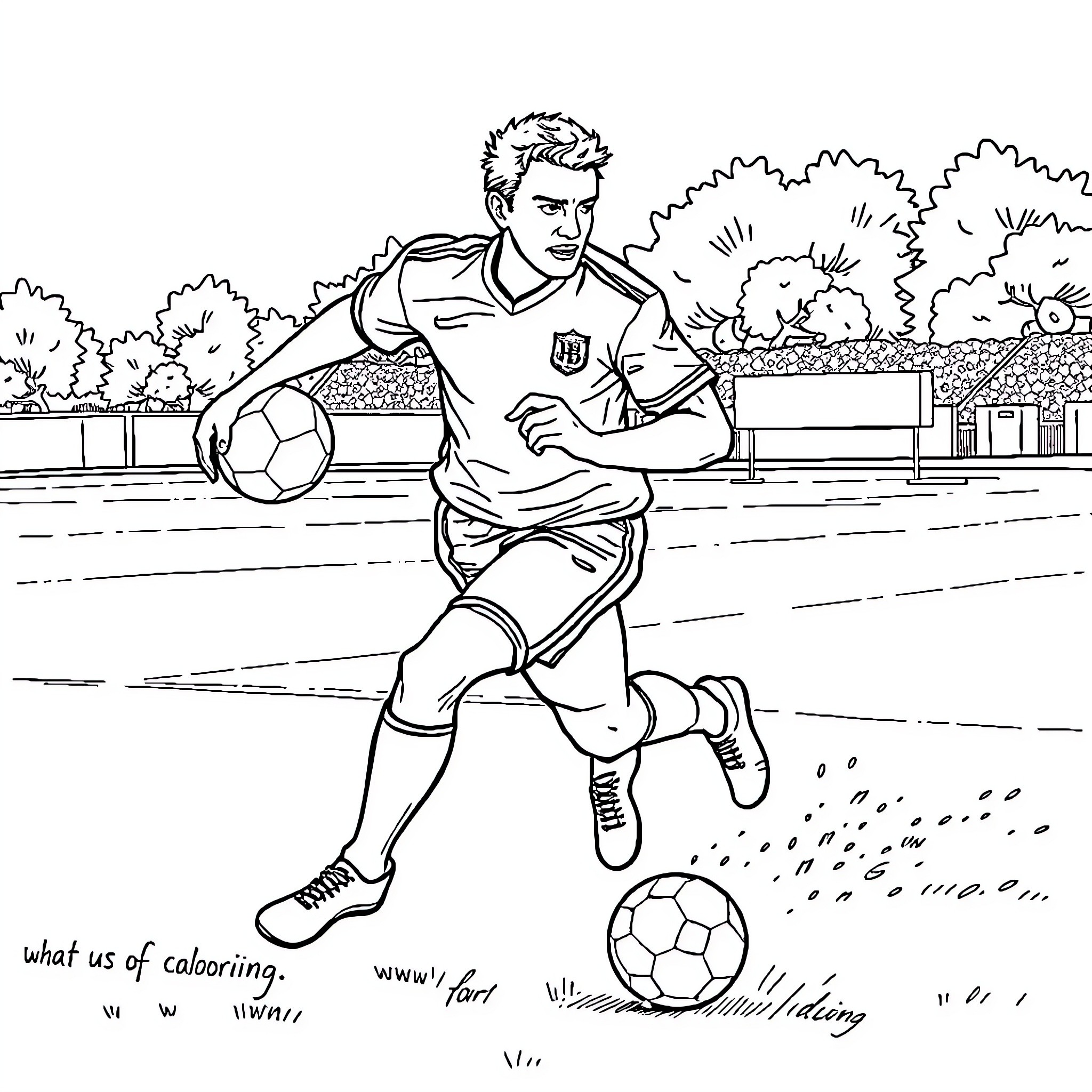 Footballer in action on the field Coloring Page (free black-and-white line drawing printable PDF for all, from beginners to advanced learners, including children, teens, adults, and seniors)