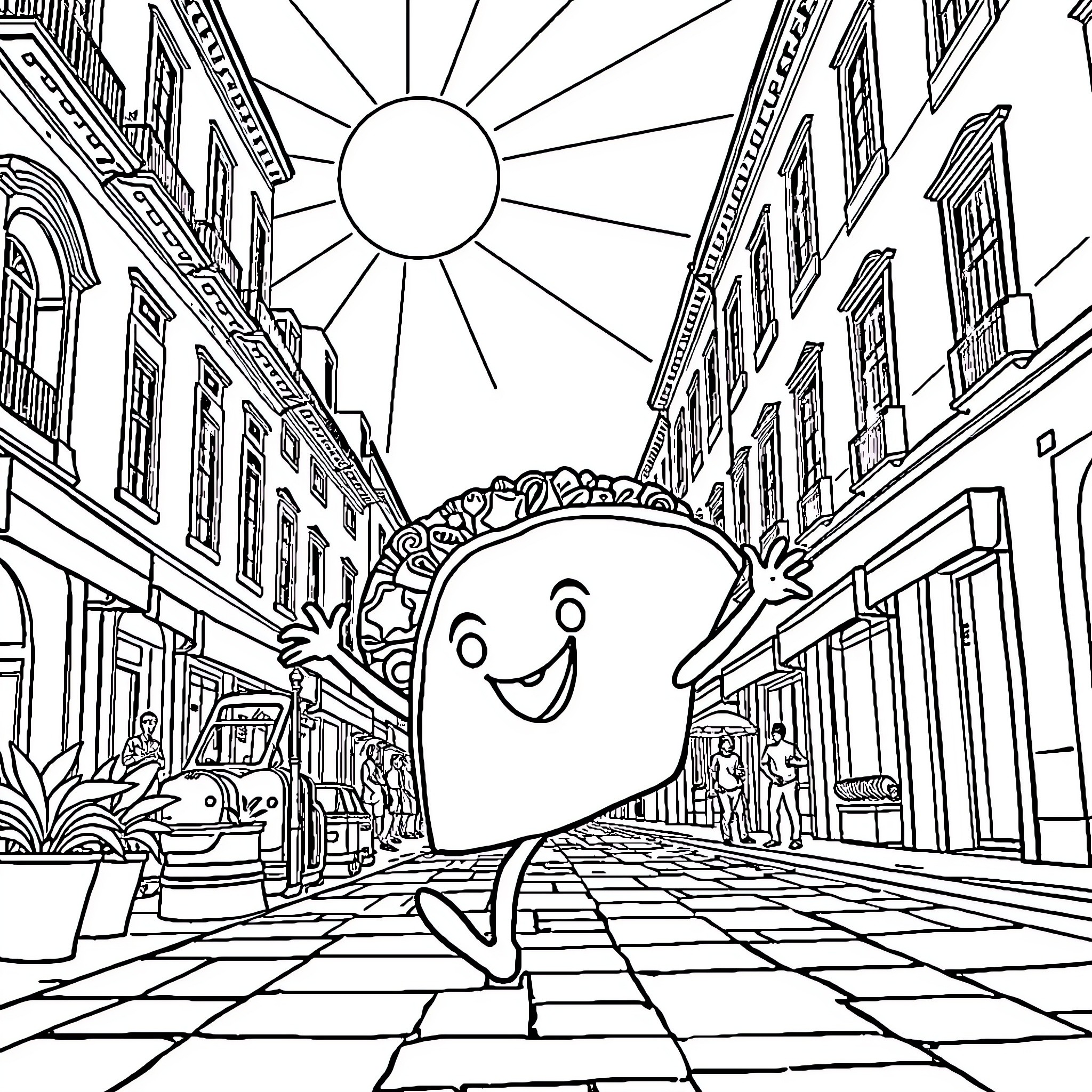 Taco character walking cheerfully on city street Coloring Page (free black-and-white line drawing printable PDF for all, from beginners to advanced learners, including children, teens, adults, and seniors)