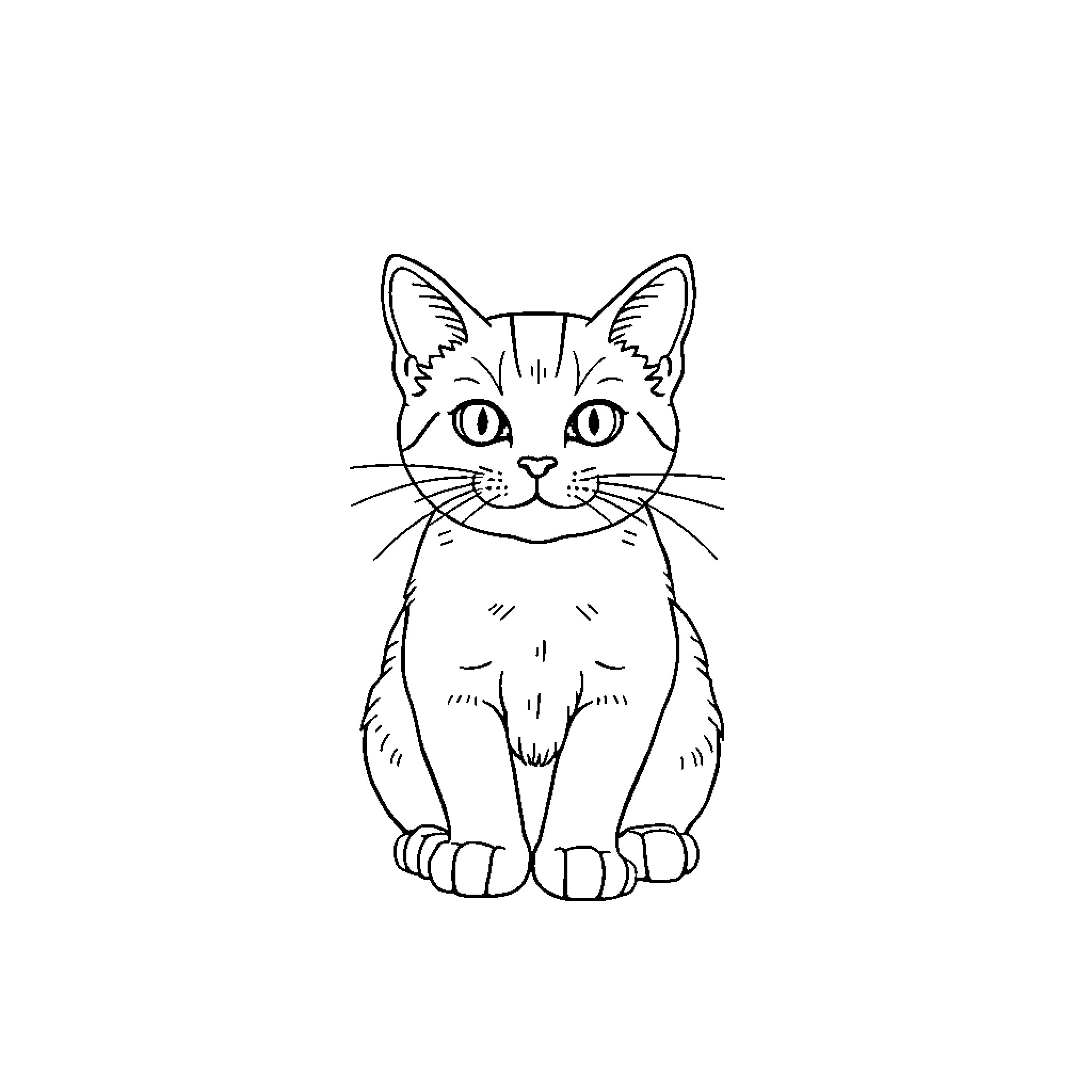 Cat Sitting Contentedly Coloring Page (free black-and-white line drawing printable PDF for all, from beginners to advanced learners, including children, teens, adults, and seniors)