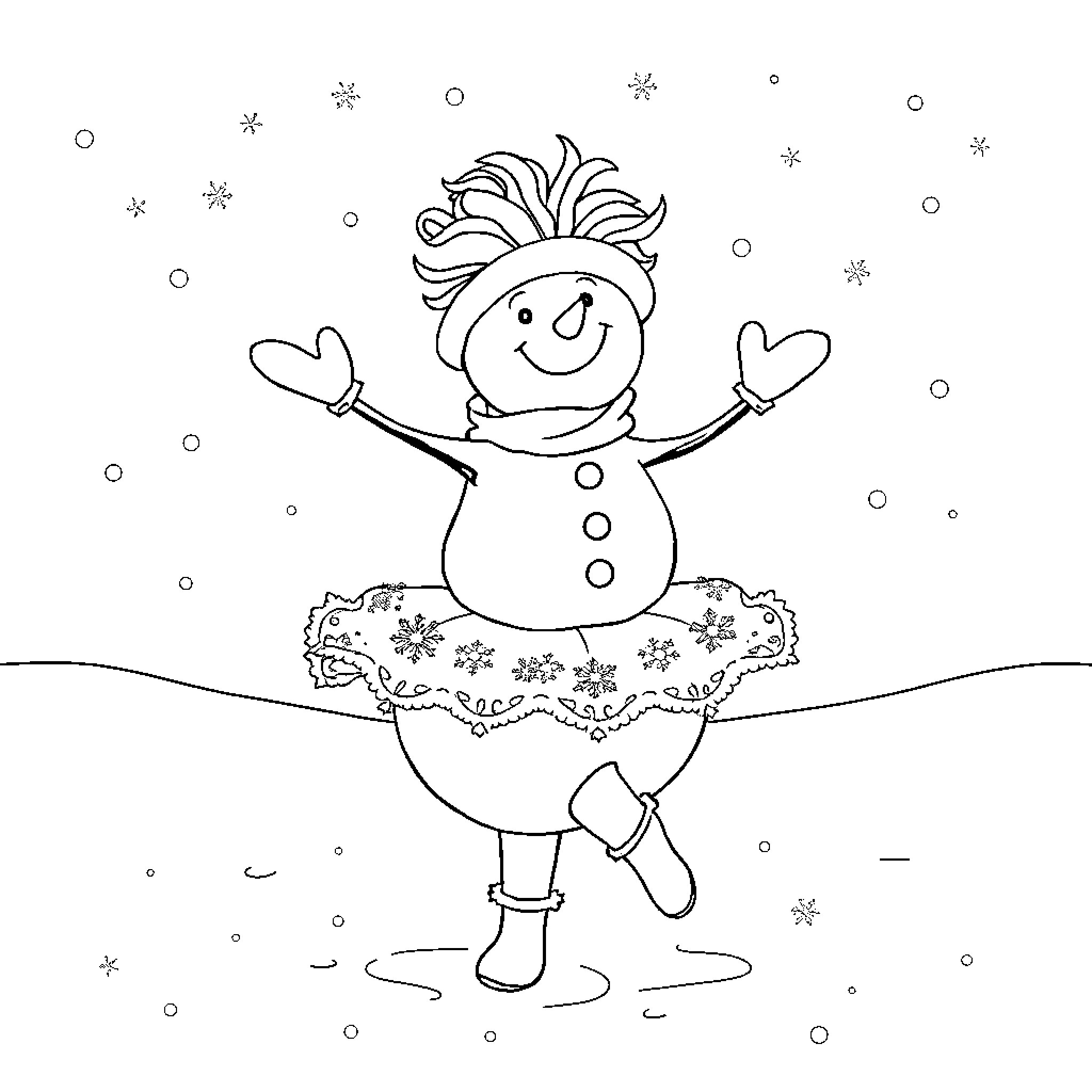 Bonhomme de Neige dancing joyfully in the snow Coloring Page (free black-and-white line drawing printable PDF for all, from beginners to advanced learners, including children, teens, adults, and seniors)