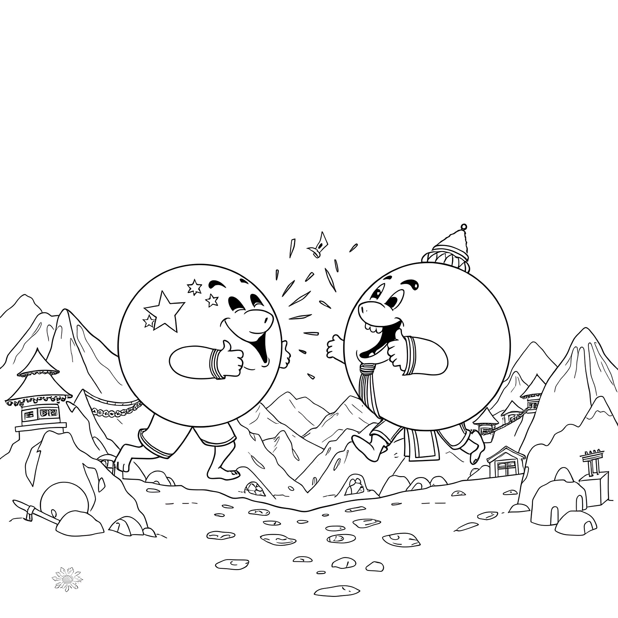 Country Ball Celebration in the Mountains Coloring Page (free black-and-white line drawing printable PDF for all, from beginners to advanced learners, including children, teens, adults, and seniors)