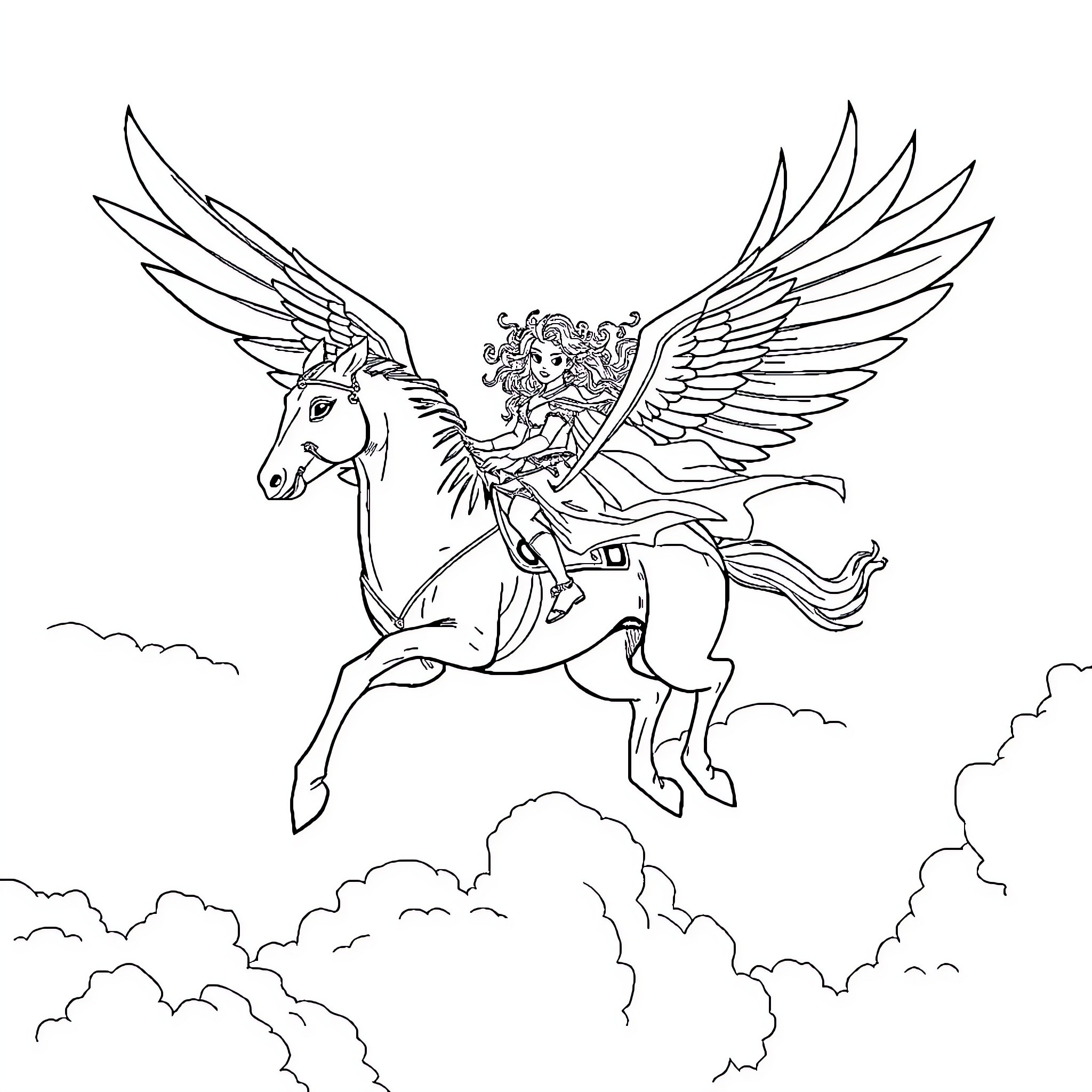 Merida riding a majestic winged unicorn in the clouds Coloring Page (free black-and-white line drawing printable PDF for all, from beginners to advanced learners, including children, teens, adults, and seniors)