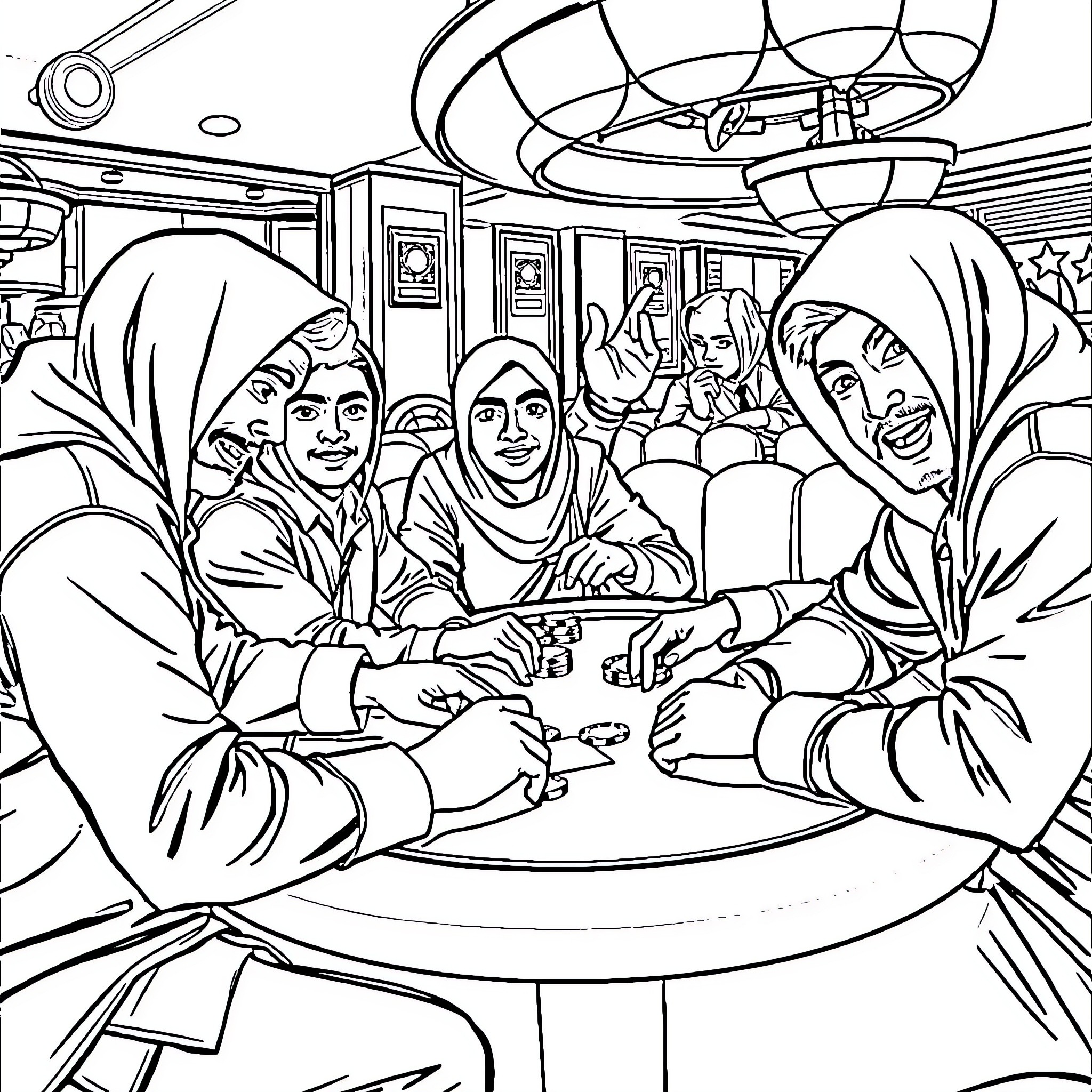 Permuda Friends Gather Peacefully in Cafe Coloring Page (free black-and-white line drawing printable PDF for all, from beginners to advanced learners, including children, teens, adults, and seniors)