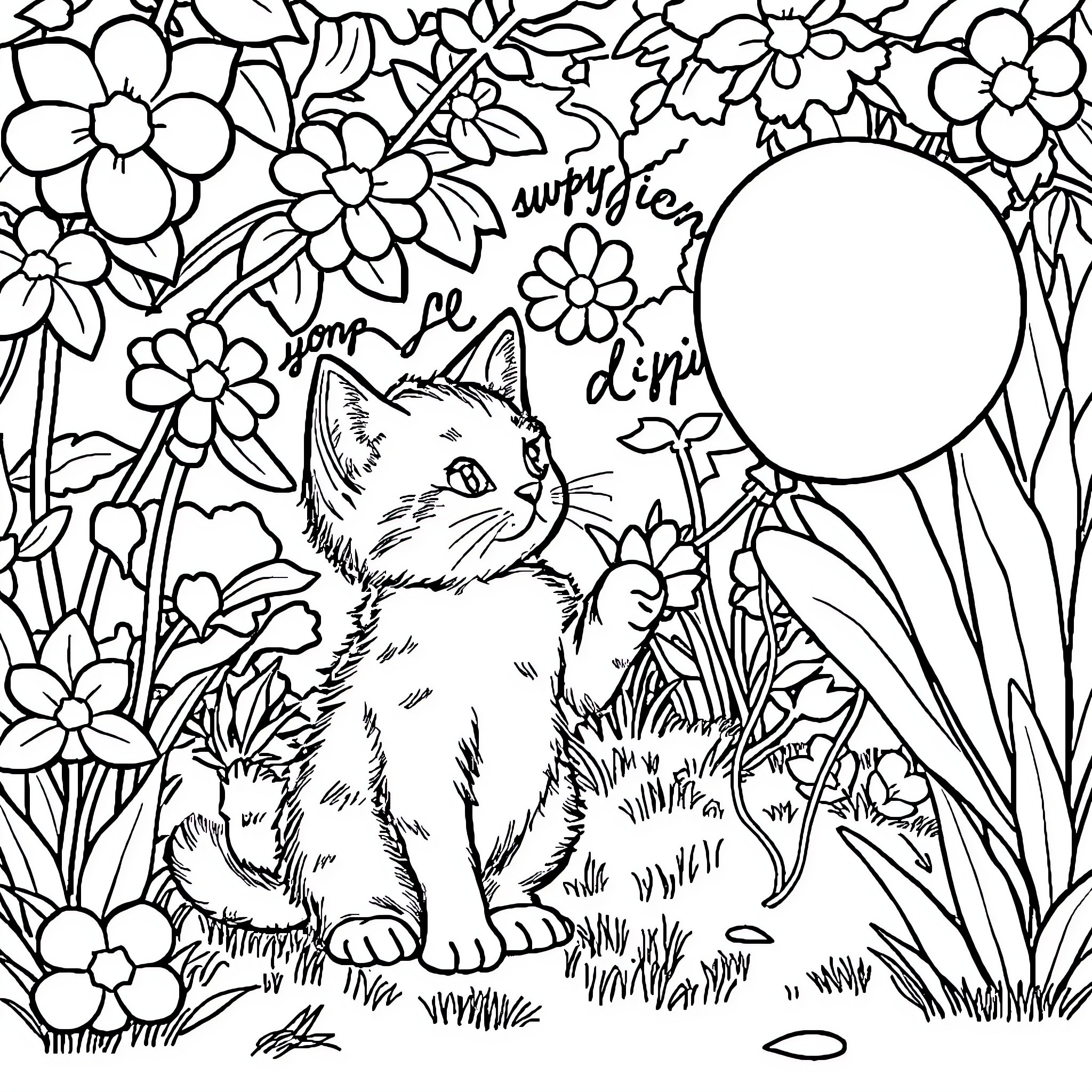 Cat Sitting Amid Flowers and Nature Coloring Page (free black-and-white line drawing printable PDF for all, from beginners to advanced learners, including children, teens, adults, and seniors)